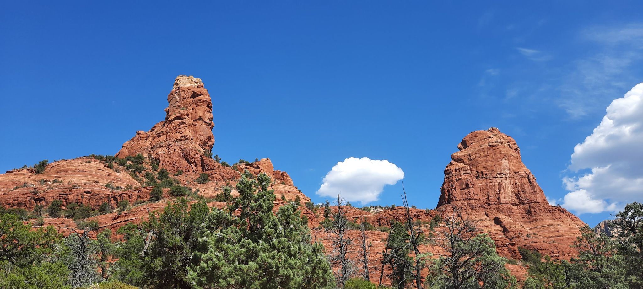 Towering red rock formations under a bright blue sky with scattered clouds. - Brewer – MTB Trails in Sedona