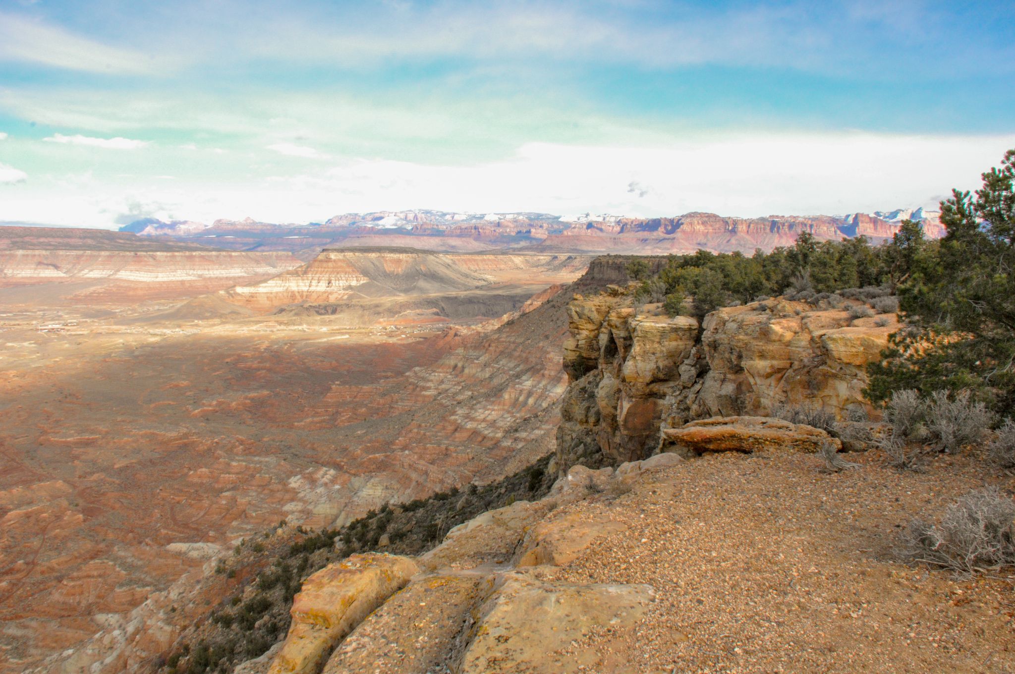 Expansive desert canyon vista with rocky cliffs and distant snow-capped mountains under daylight. - Windmill Trail Loop
