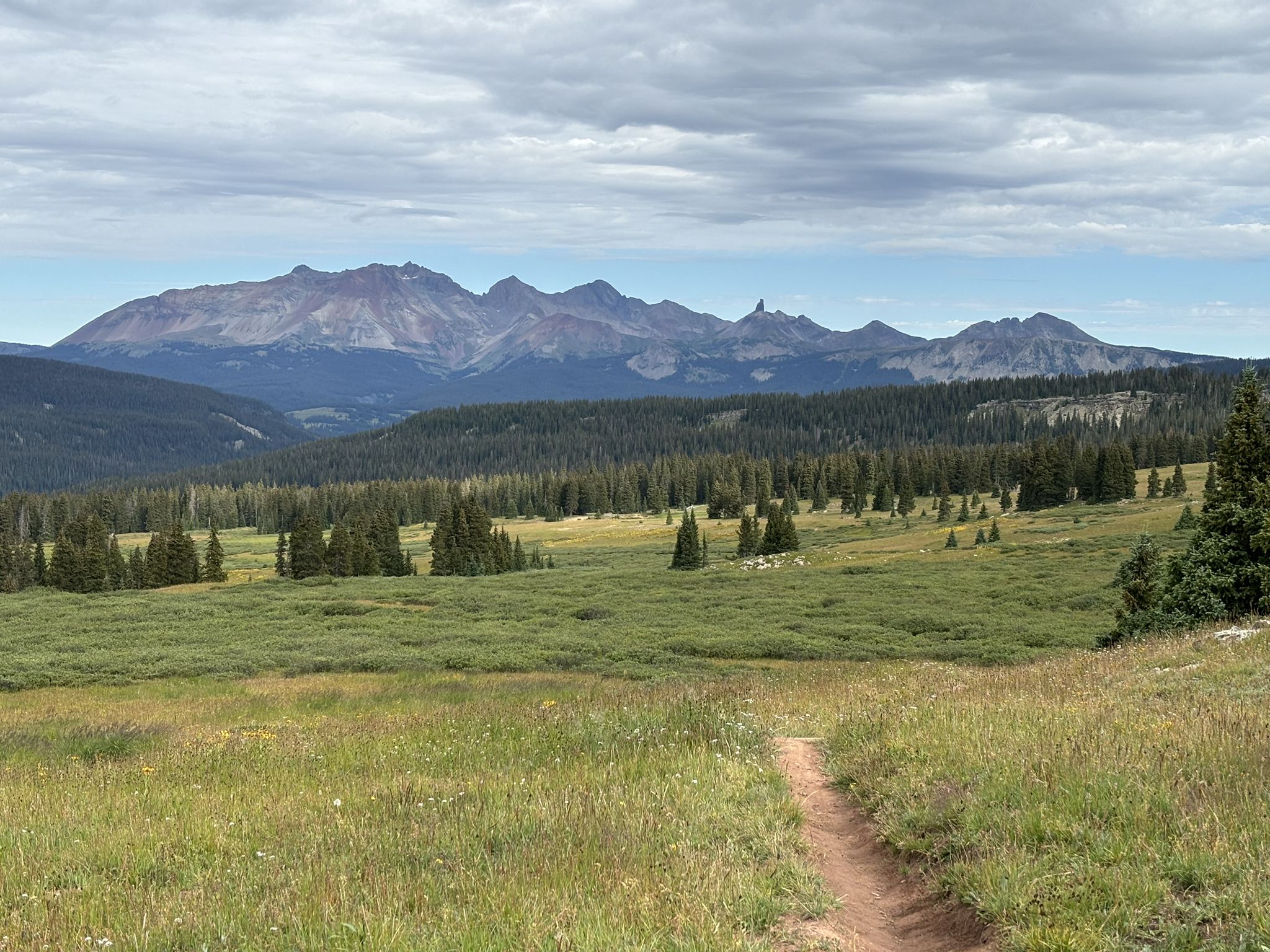 A dirt trail leads through a vast green meadow towards distant mountains. - Colorado Trail: Segment 25