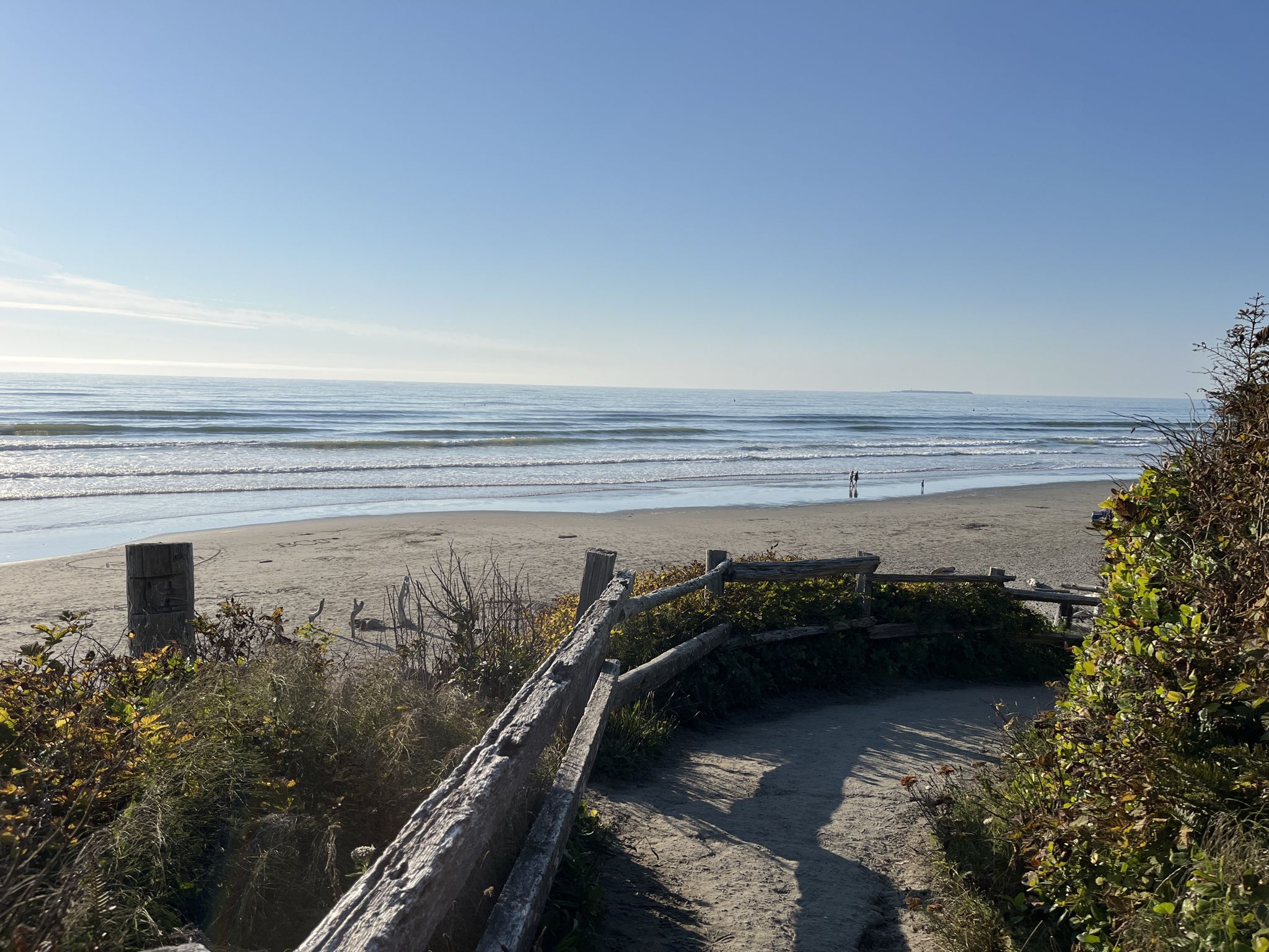 Sunny view of a beach and ocean waves from behind a wooden fence. - Kalaloch to Browns Point Trail Run
