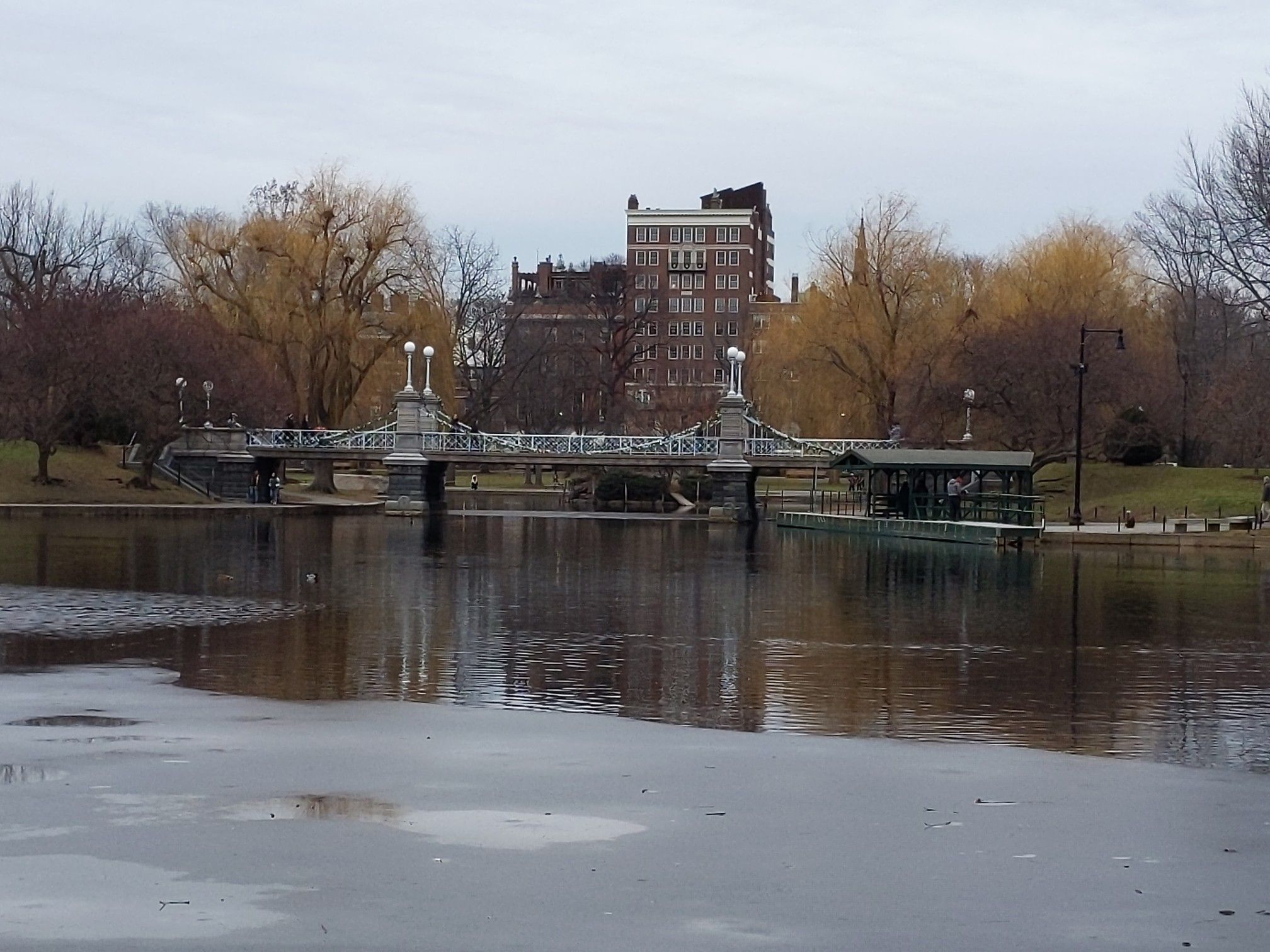 Pond with a decorative bridge, bare trees, and distant buildings, overcast day. - Boston loop from Crystal Lake to Paul Revere Park via Commonwealth Avenue Mall & Boston Common