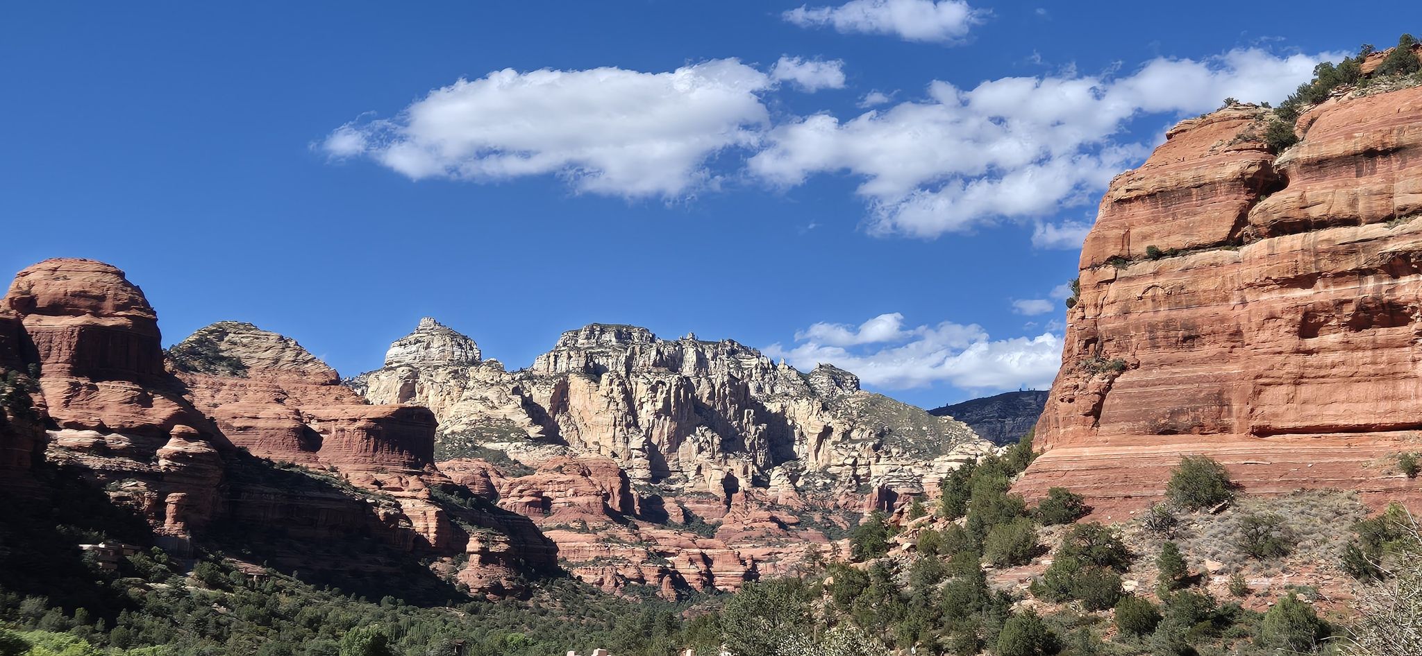 Red rock mountains and green trees under a bright blue sky. - Boynton Canyon Trail