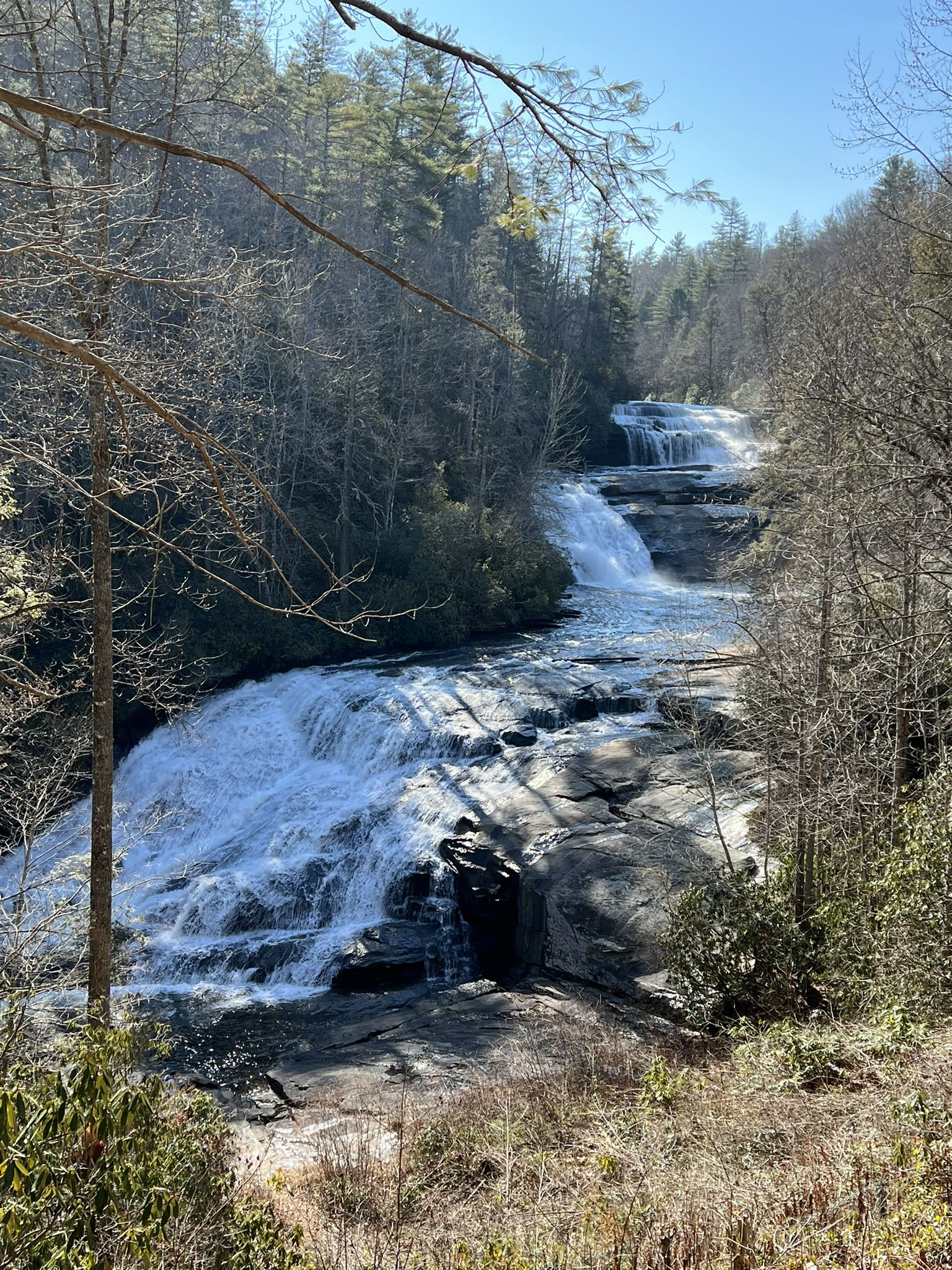 Waterfall cascades over rocks in a sunny, wooded landscape. - High Falls Loop