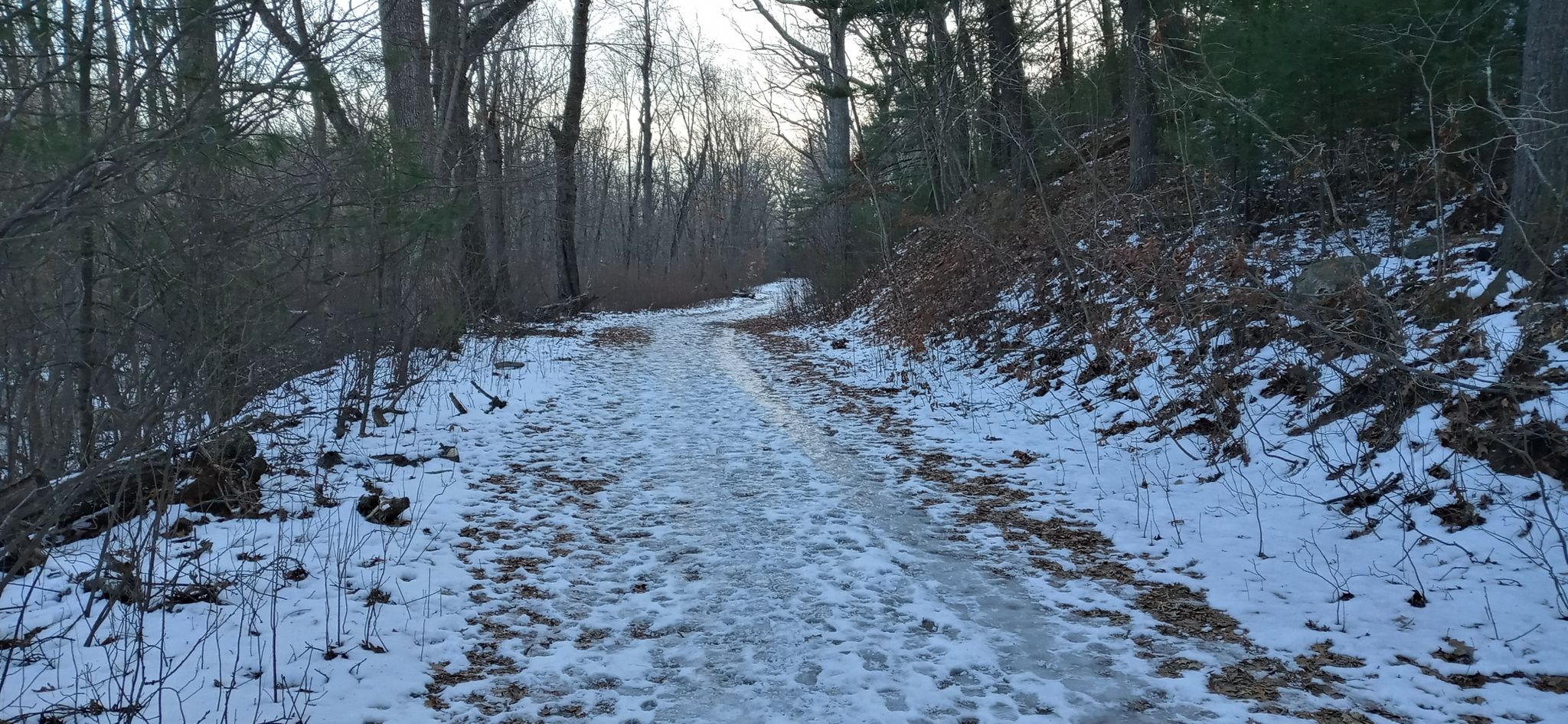 A snowy and icy path winding through a winter forest. - Pennybrook Road to Steel Tower, Stone Tower, Dungeon Rock Loop
