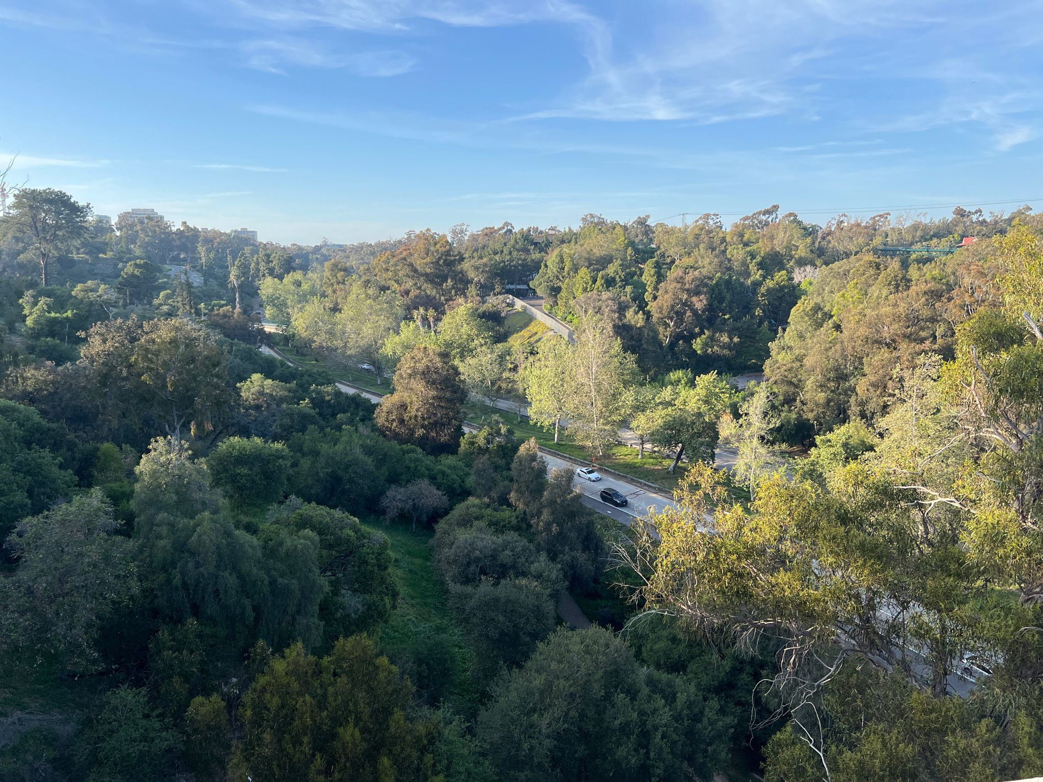 Aerial view of a lush green valley with a winding road and cars. - Seven Bridge Walk