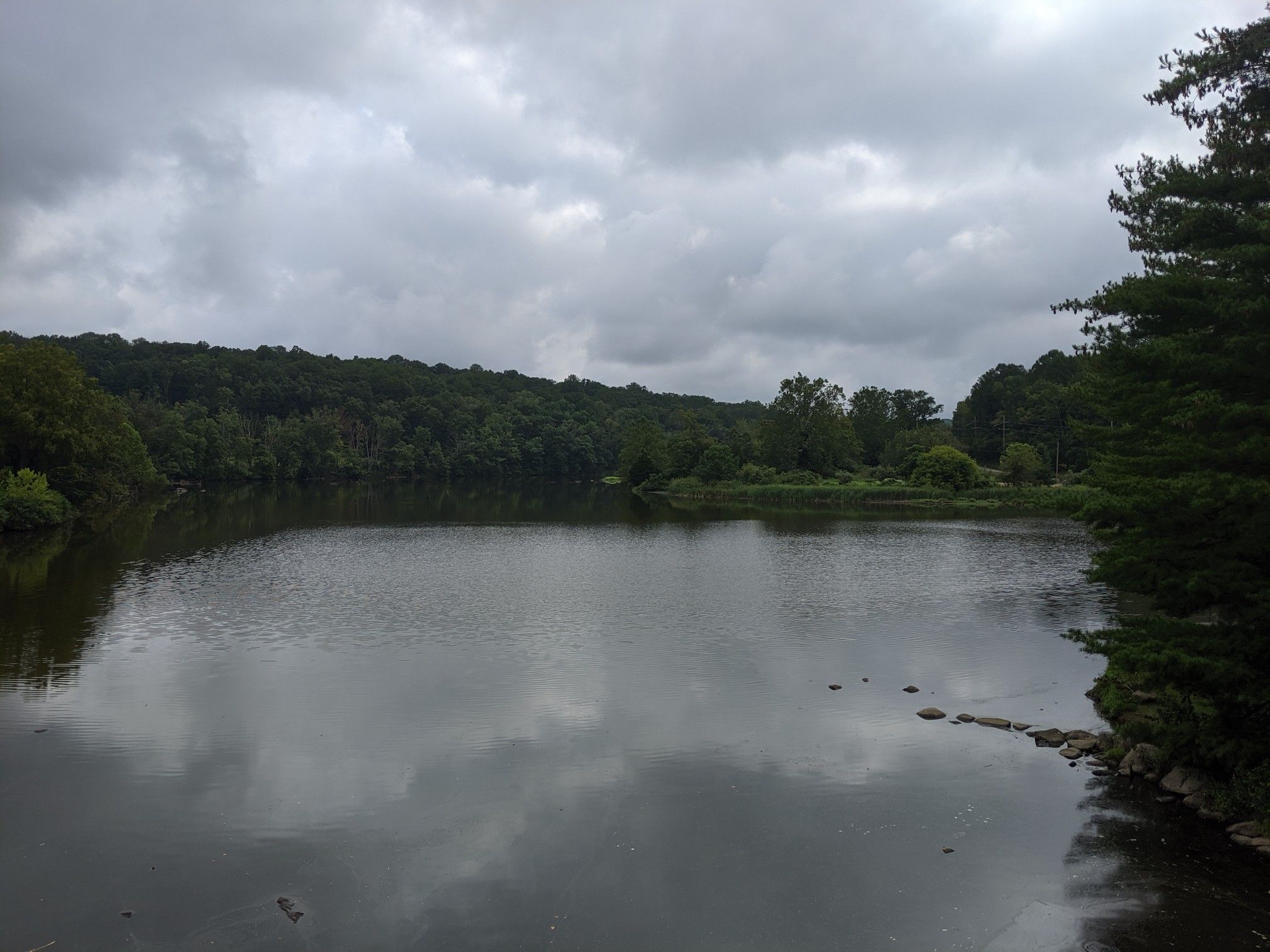 Dark lake surrounded by dense green trees under a cloudy sky. - Deep Creek Lake – Doubletrack loop from Schwenksville