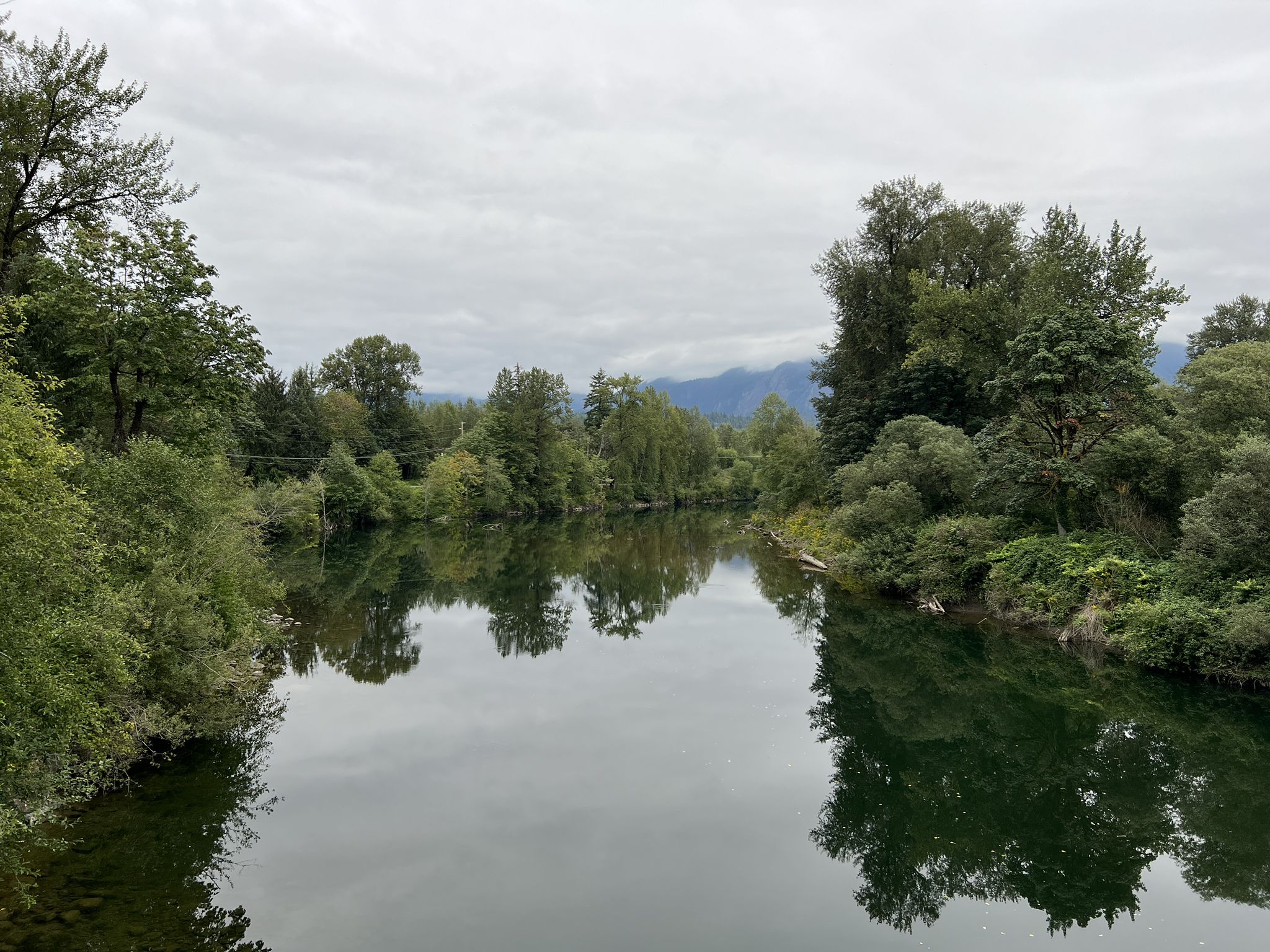 A calm river reflects dense green trees under a cloudy sky. - Centennial Park – Snoqualmie Falls loop from North Bend