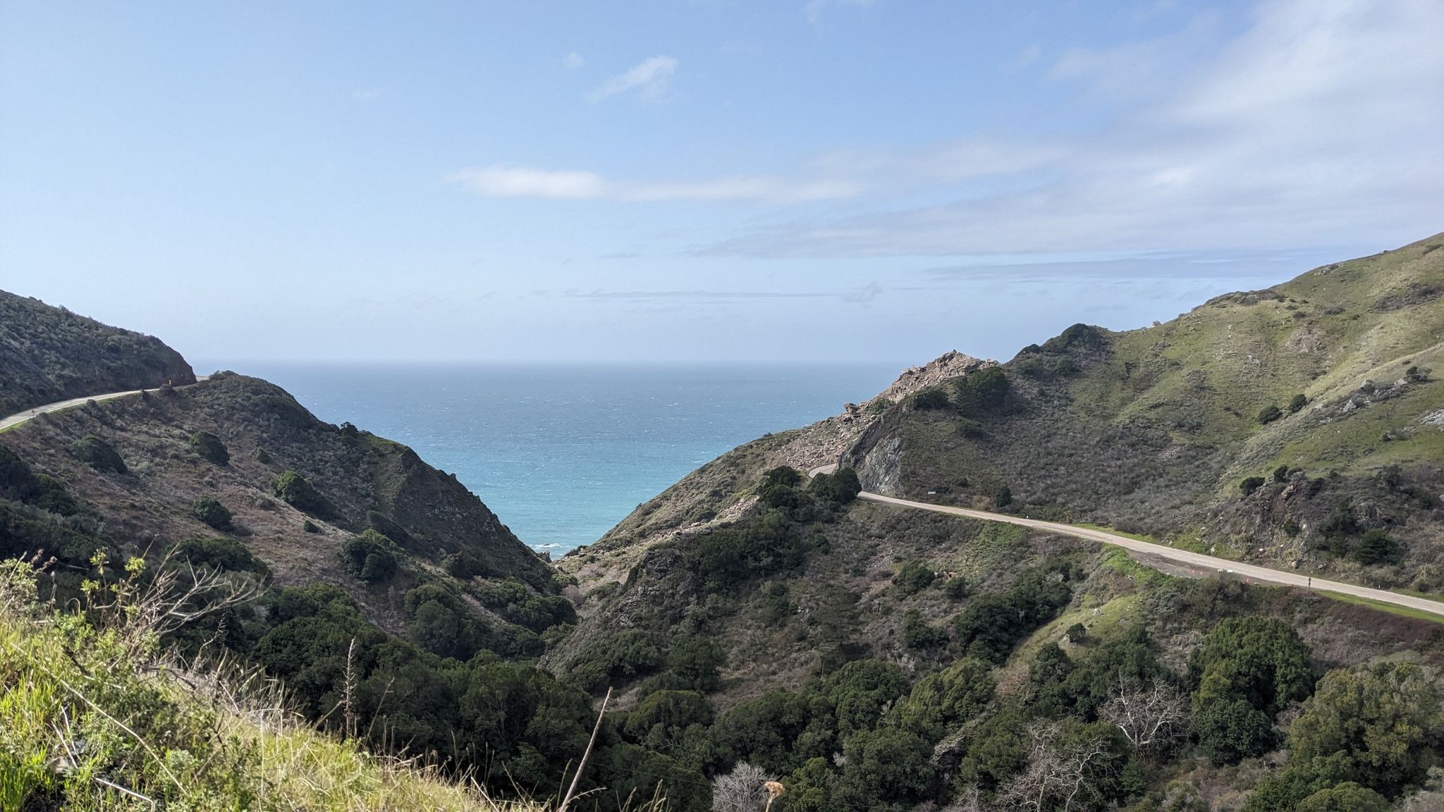 Coastal road winding through green hills overlooking a bright blue ocean. - Salmon Creek Trail, Cruickshank Trail, and Buckeye Trail Loop