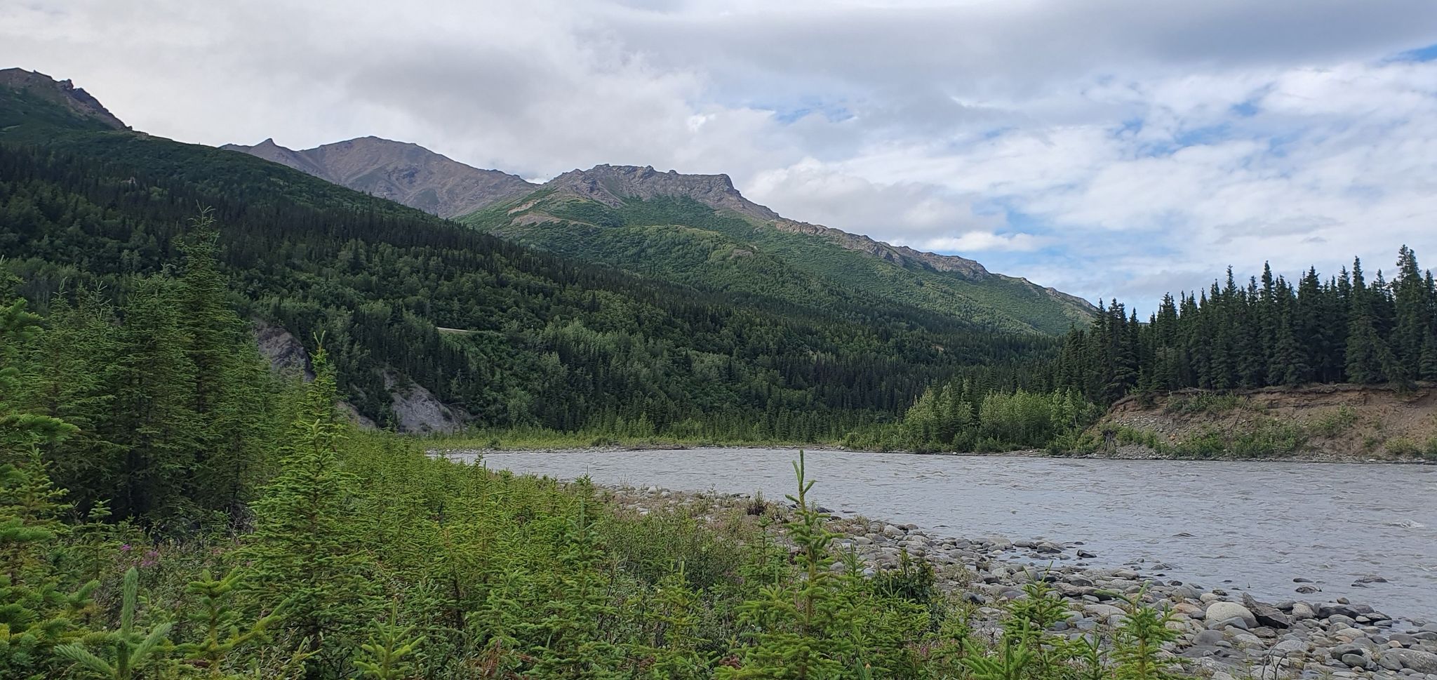 Wide river with rocky banks, surrounded by dense forests and mountains. - Horseshoe Lake Trail
