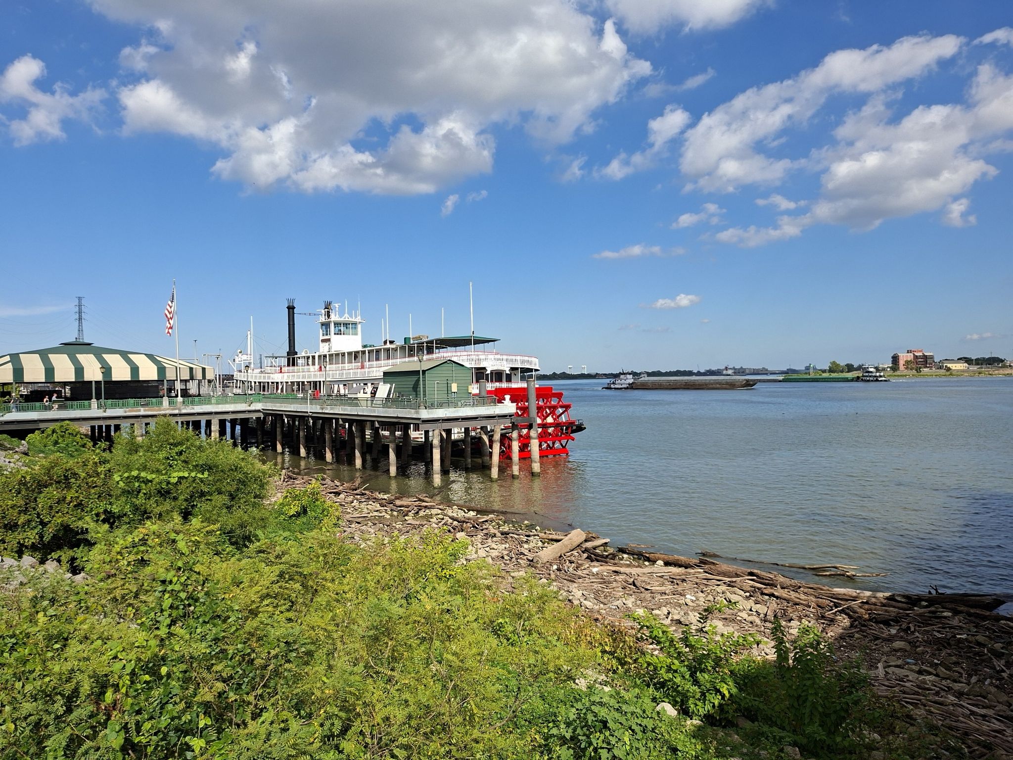 Paddlewheel boat docked by a river, with green trees and blue sky. - Steamboat Natchez – Jackson Square loop from New Orleans