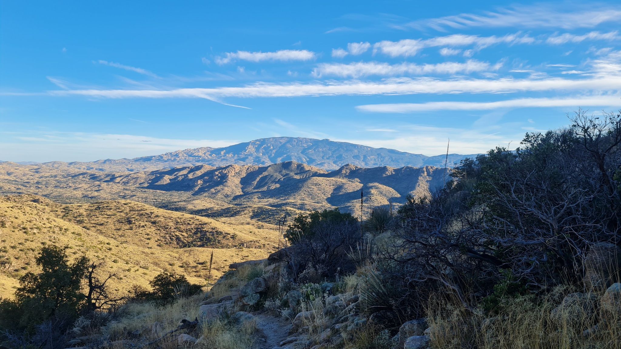 Vast arid mountain landscape under a bright blue sky with scattered clouds. - Bellota Trail
