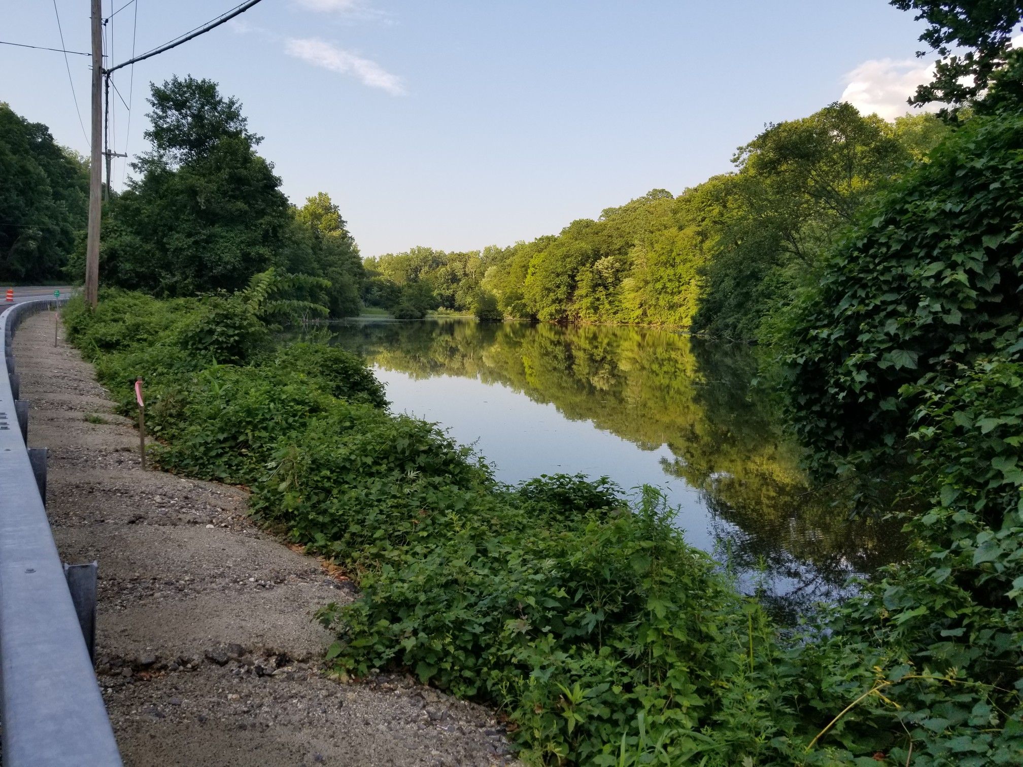 Calm river bordered by lush green foliage and a roadside under soft light. - North County Trailway