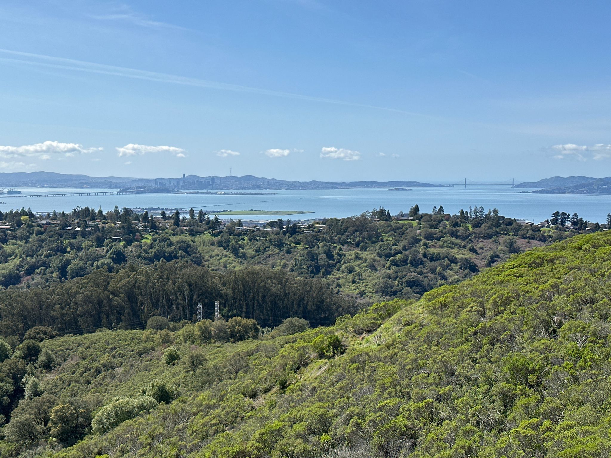 Expansive view of green hills, a large bay, and distant city under clear skies. - Nimitz Way, Wildcat Peak, and Jewel Lake Loop