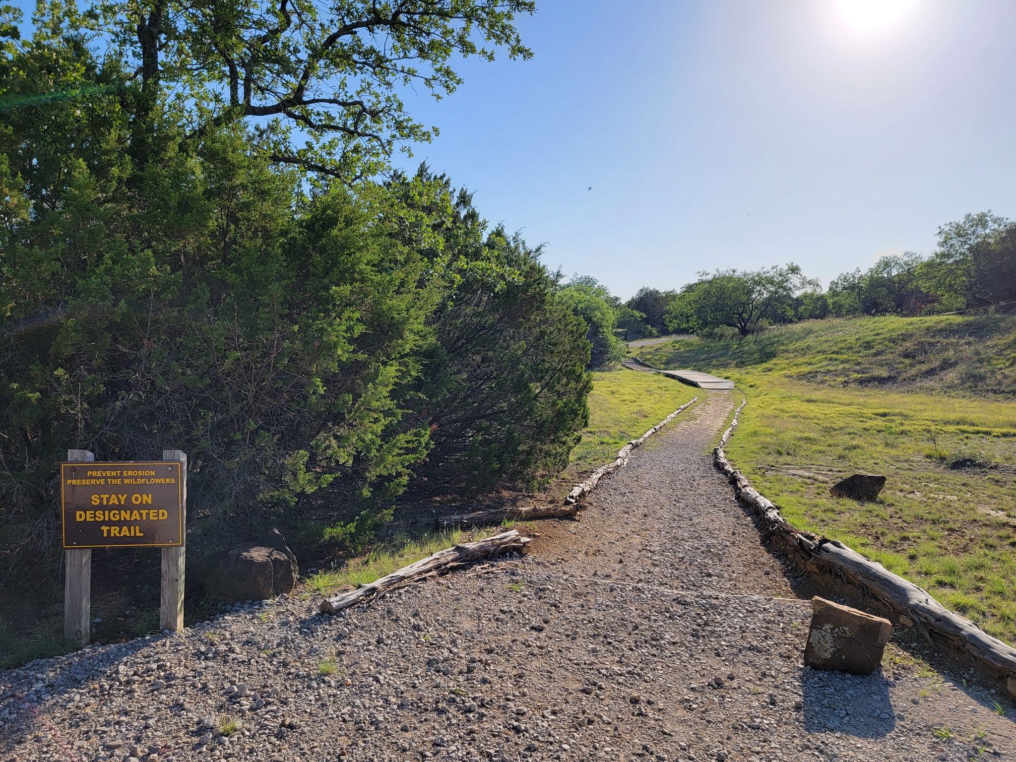 Sunny gravel path winding through green trees and a grassy landscape. - Blue Waterfront Trail