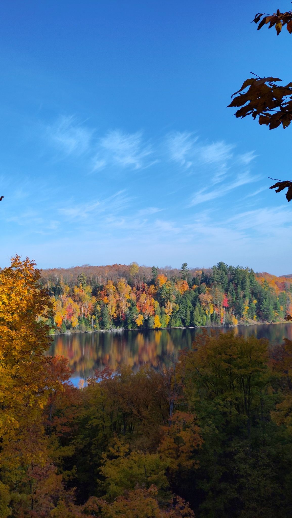 Vibrant autumn forest reflects in a calm lake under a blue sky. - Chapel Falls
