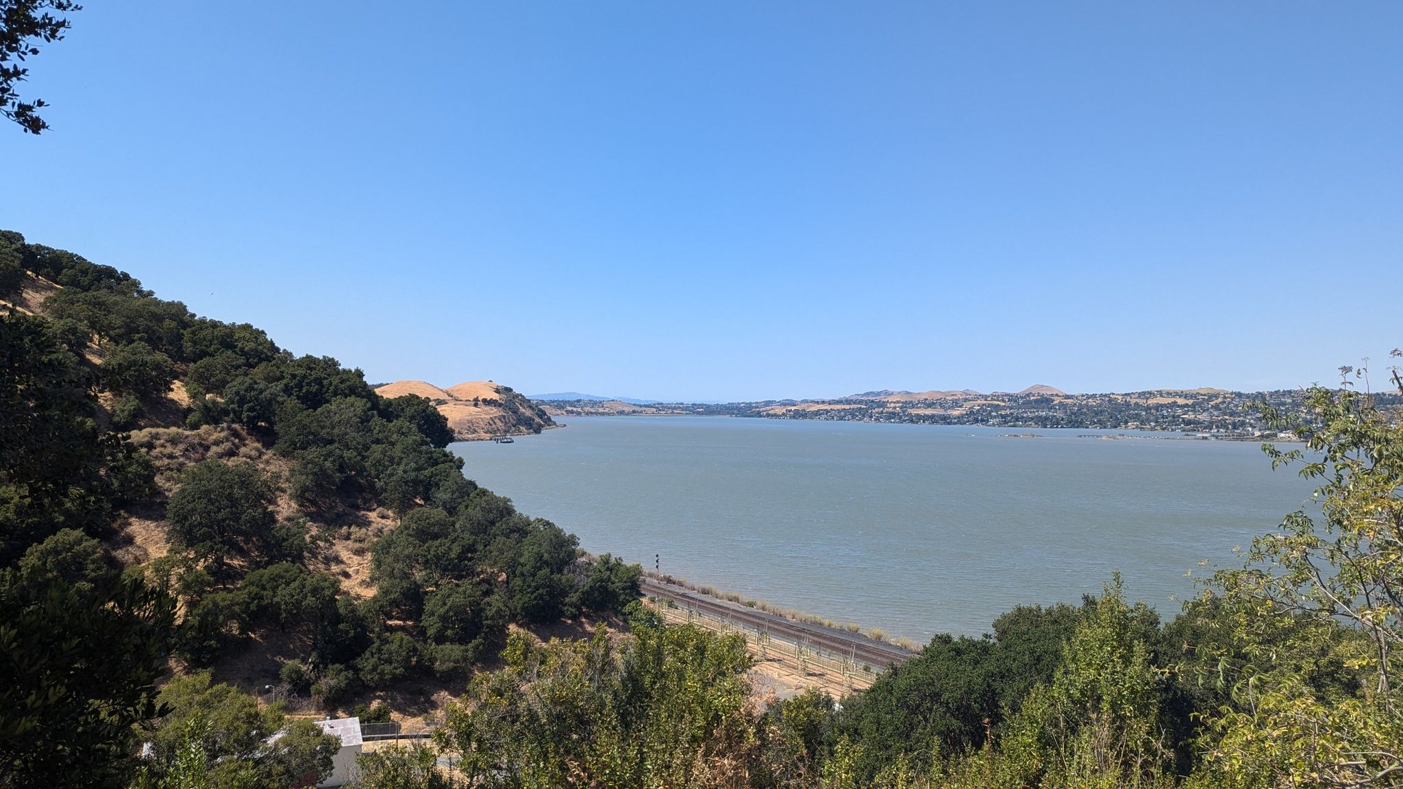 Panoramic view of a wide bay surrounded by green, tree-covered hills. - Aquatic Center – Rankin Park loop from Martinez