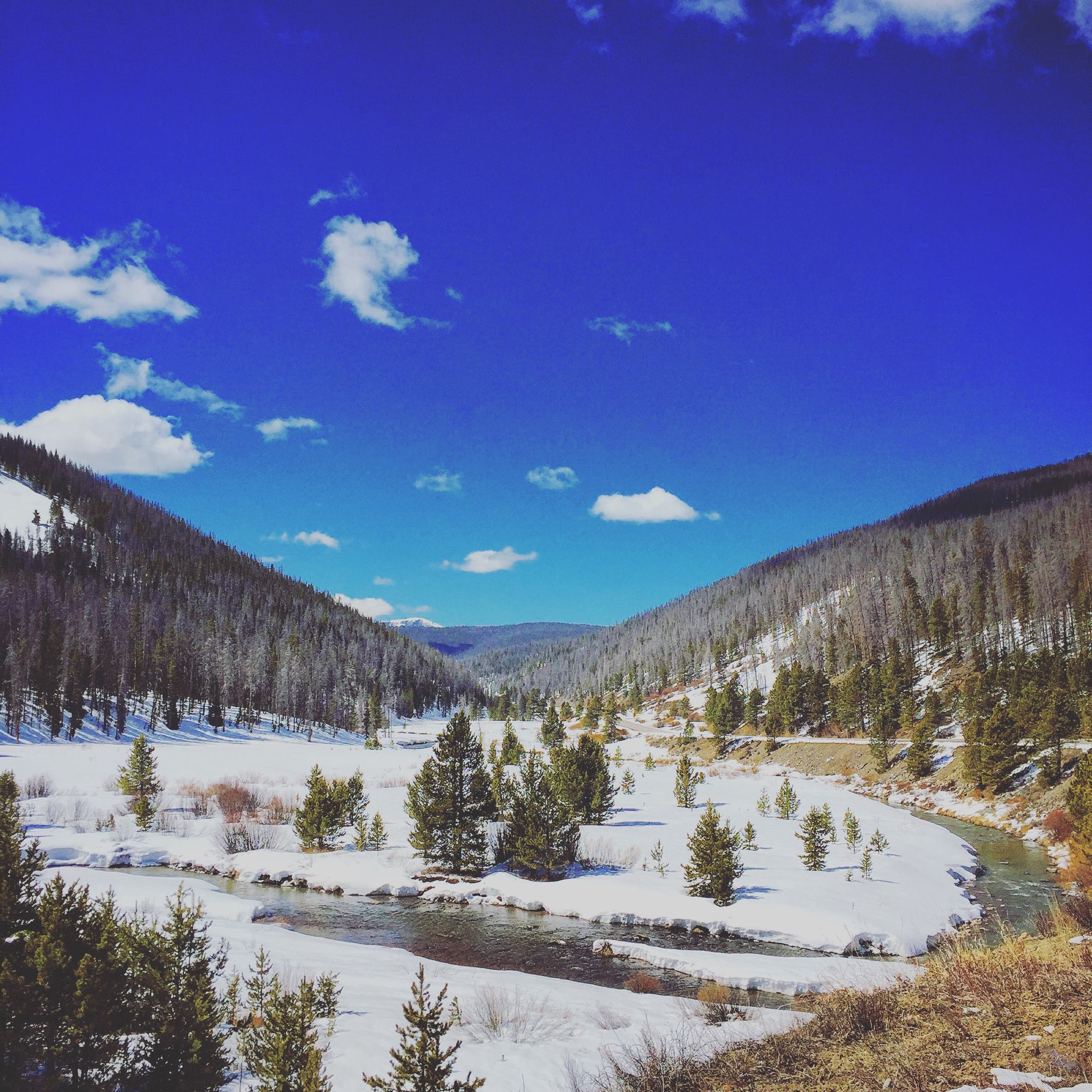 Snowy valley with a winding river, evergreen trees, and blue sky. - TransAmerica Trail (Colorado)