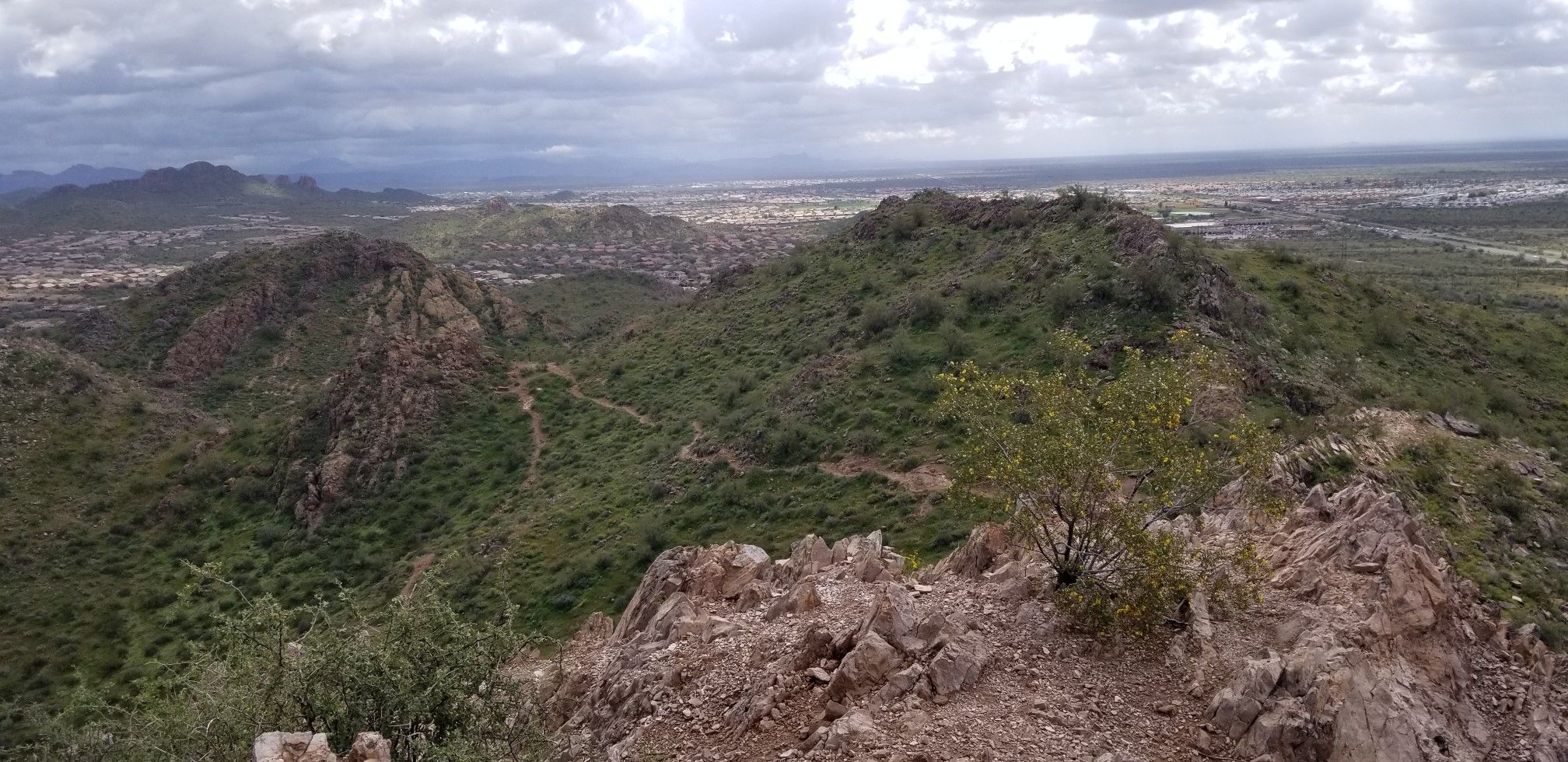 Overcast view of green, rocky hills with a distant city under cloudy skies. - Brittlebush, Crest and Old Baldy Loop