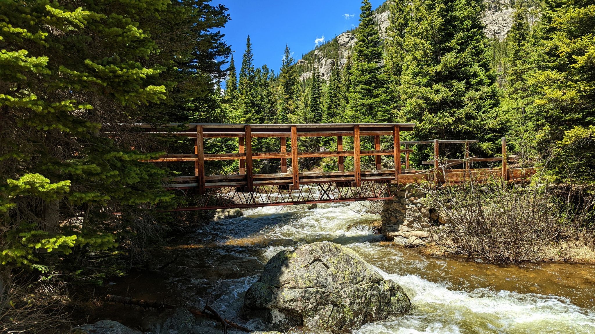 Wooden bridge over a rushing river, surrounded by sunlit pine trees and mountains. - Coney Buchanan loop