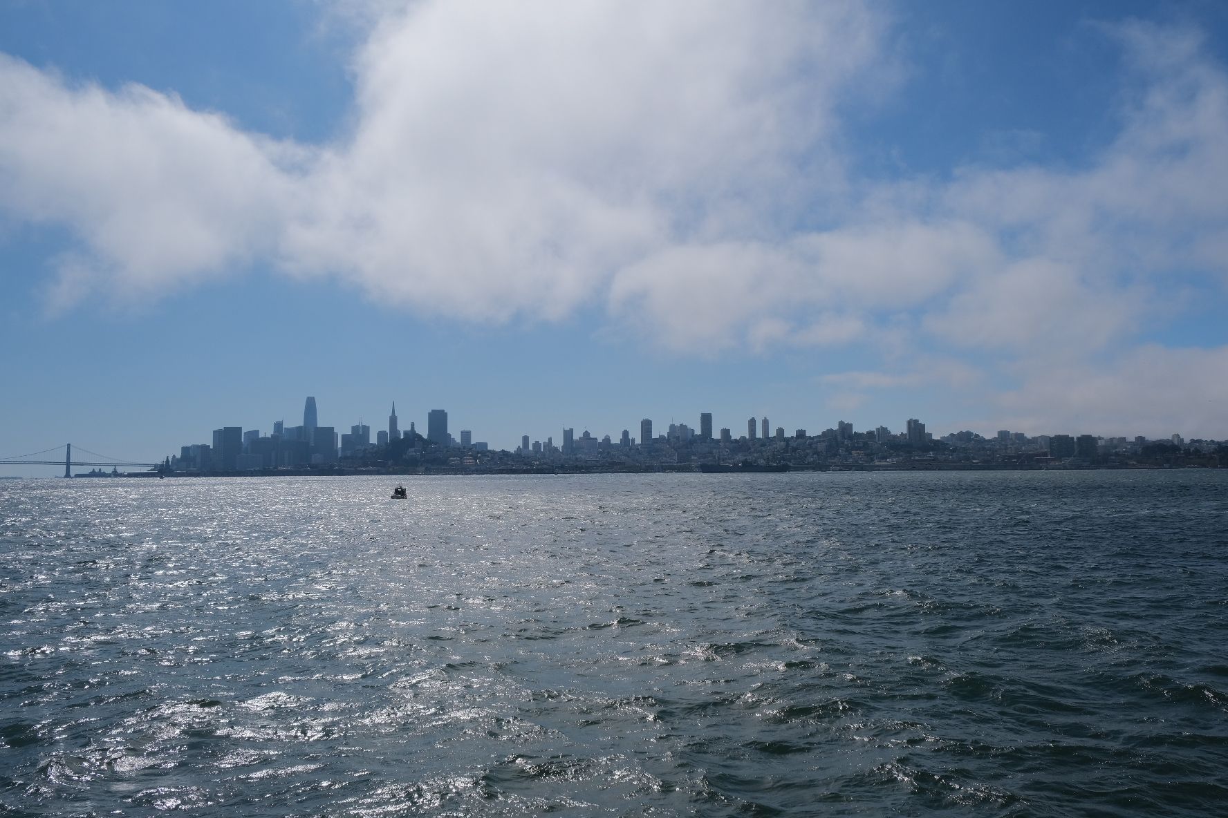 City skyline across sparkling water under a partly cloudy sky. - San Francisco Bay Trail