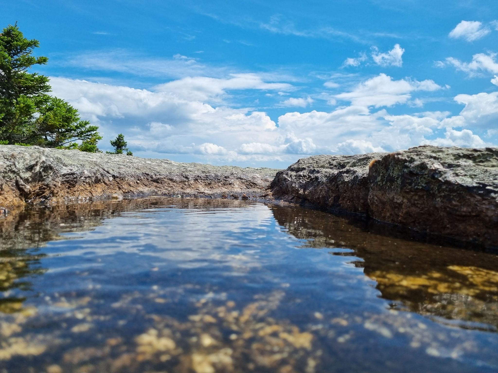 Shallow water reflecting a bright blue sky with clouds over rocky terrain. - Table Rock Loop Trail