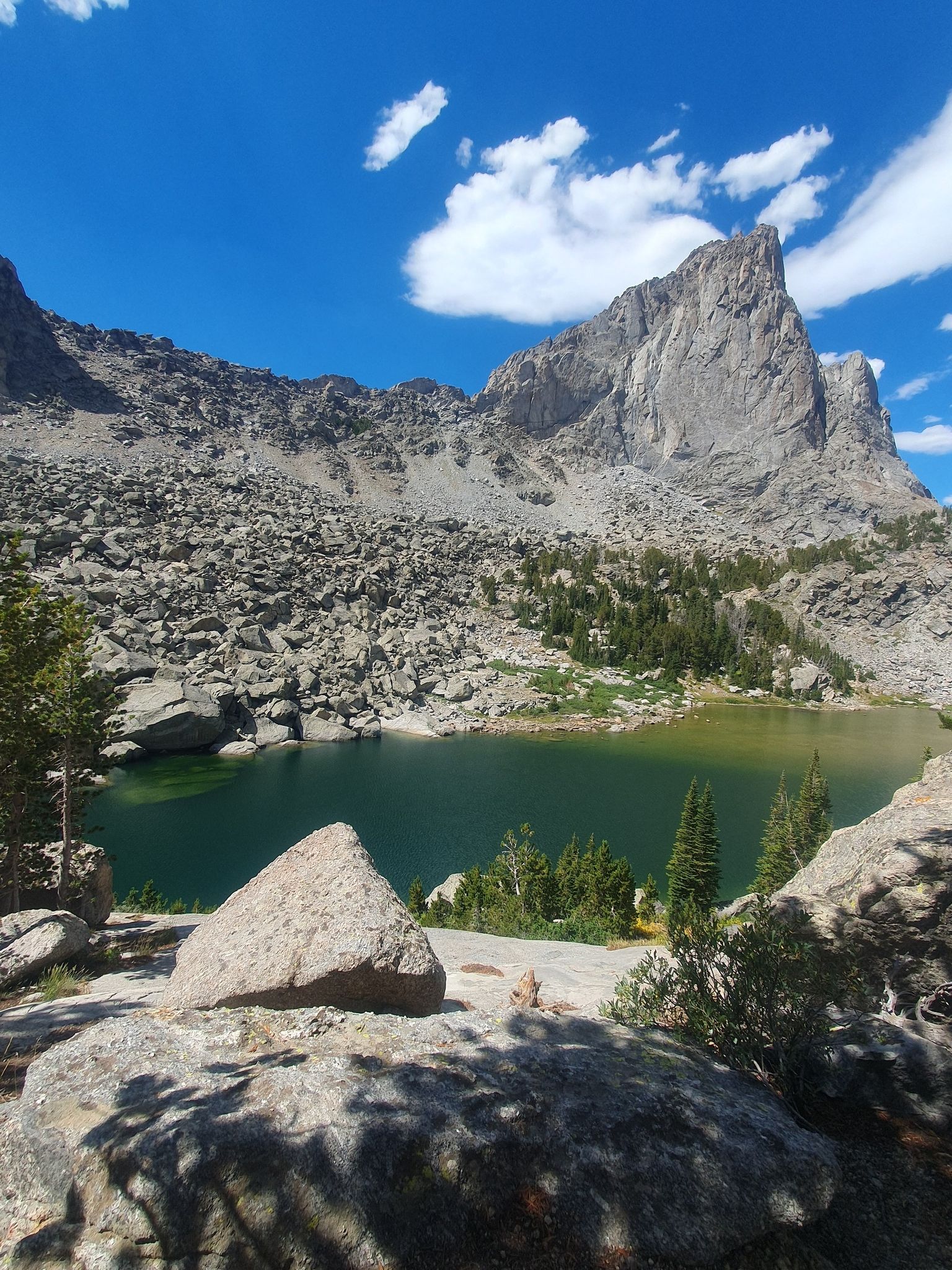 A vibrant green lake nestled among massive rocky mountains under a blue sky. - Cirque of the Towers to Fremont Trail Loop