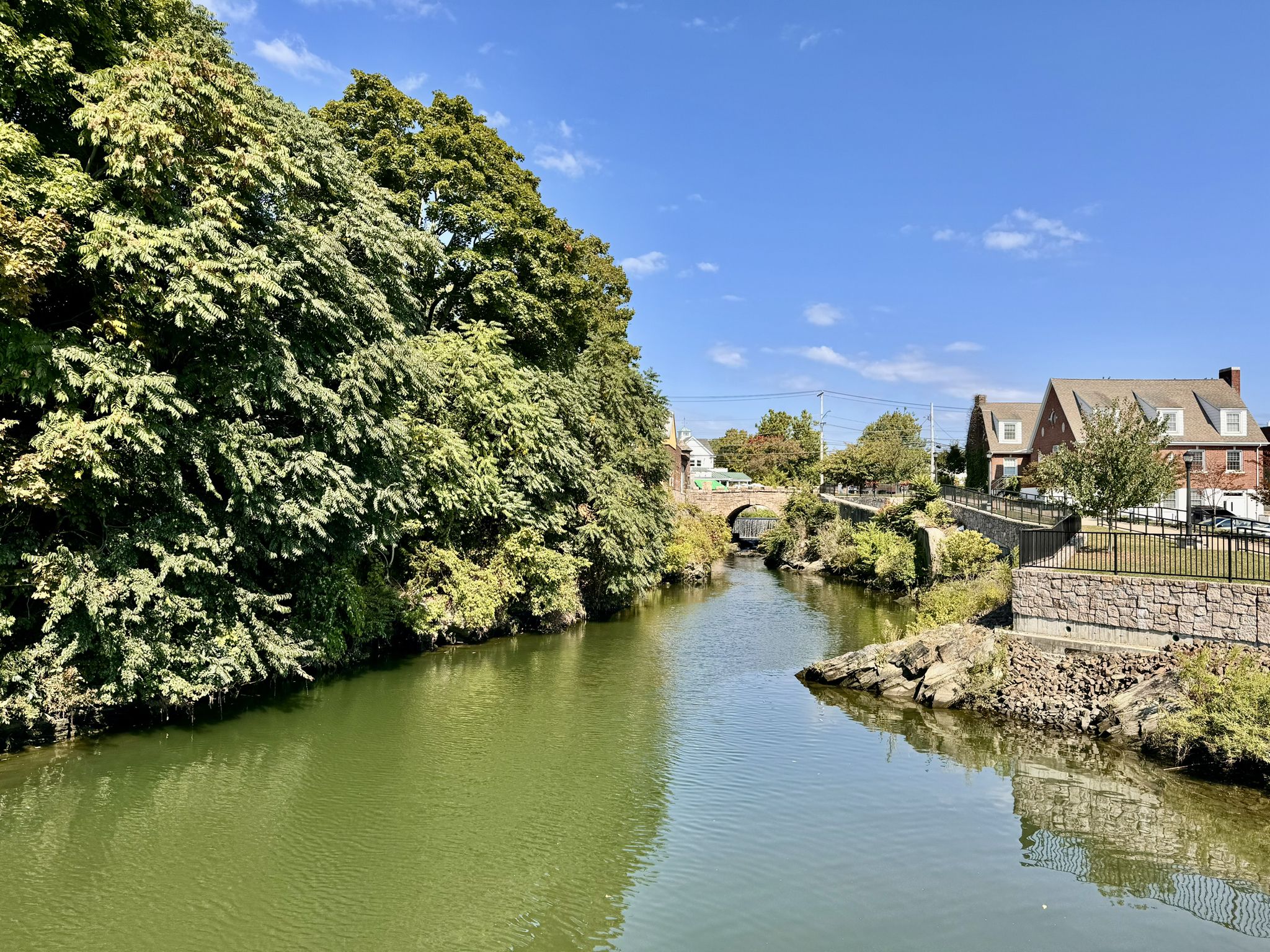 A calm river flows past lush green trees and distant houses under a bright blue sky. - View on the harbour of Milford – Silver Sands State Park Beach loop from Milford