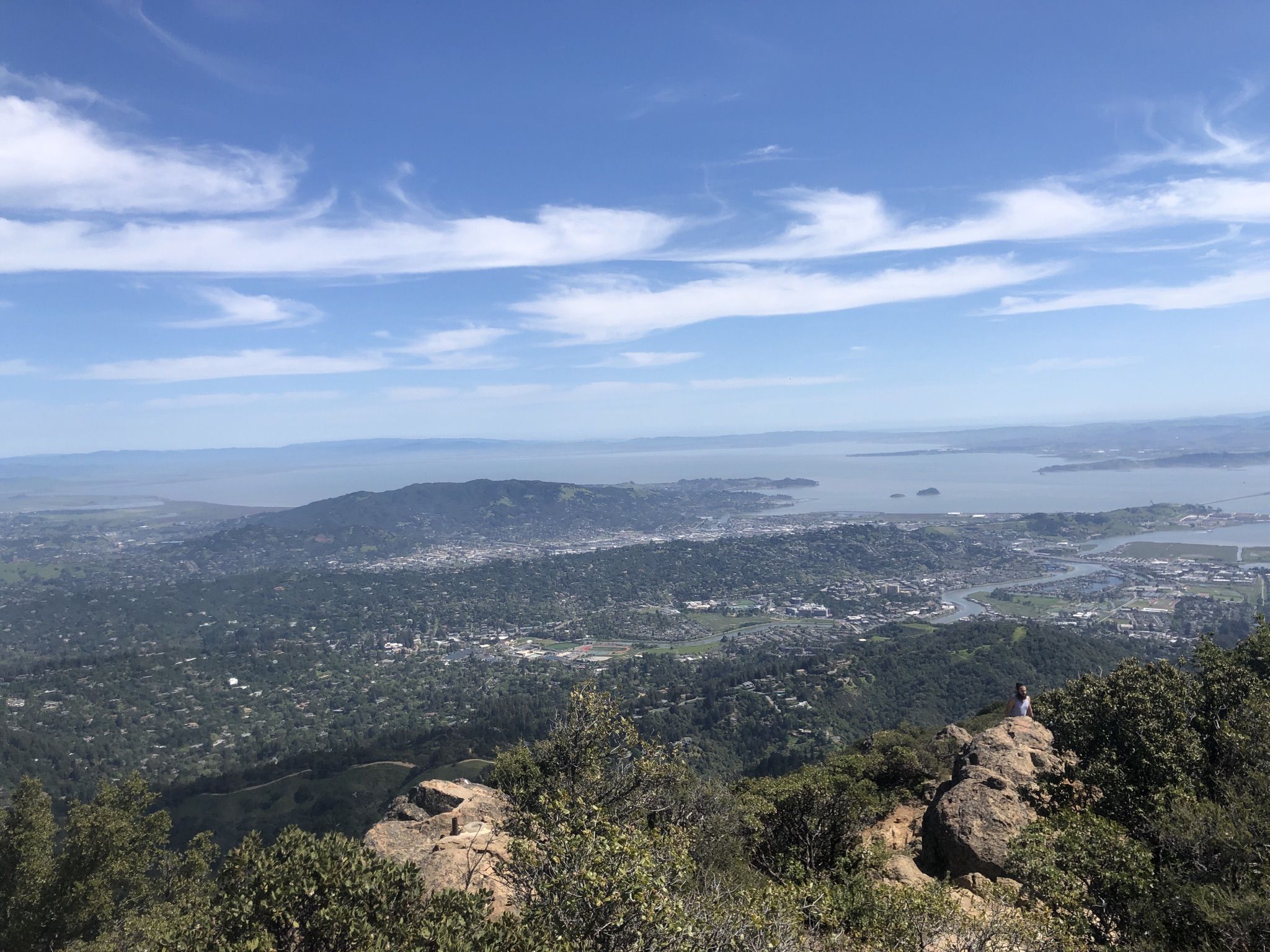Expansive view of a city and bay from a mountain, under a blue sky. - Mount Tamalpais East Peak via Hogback and Fern Creek Trail