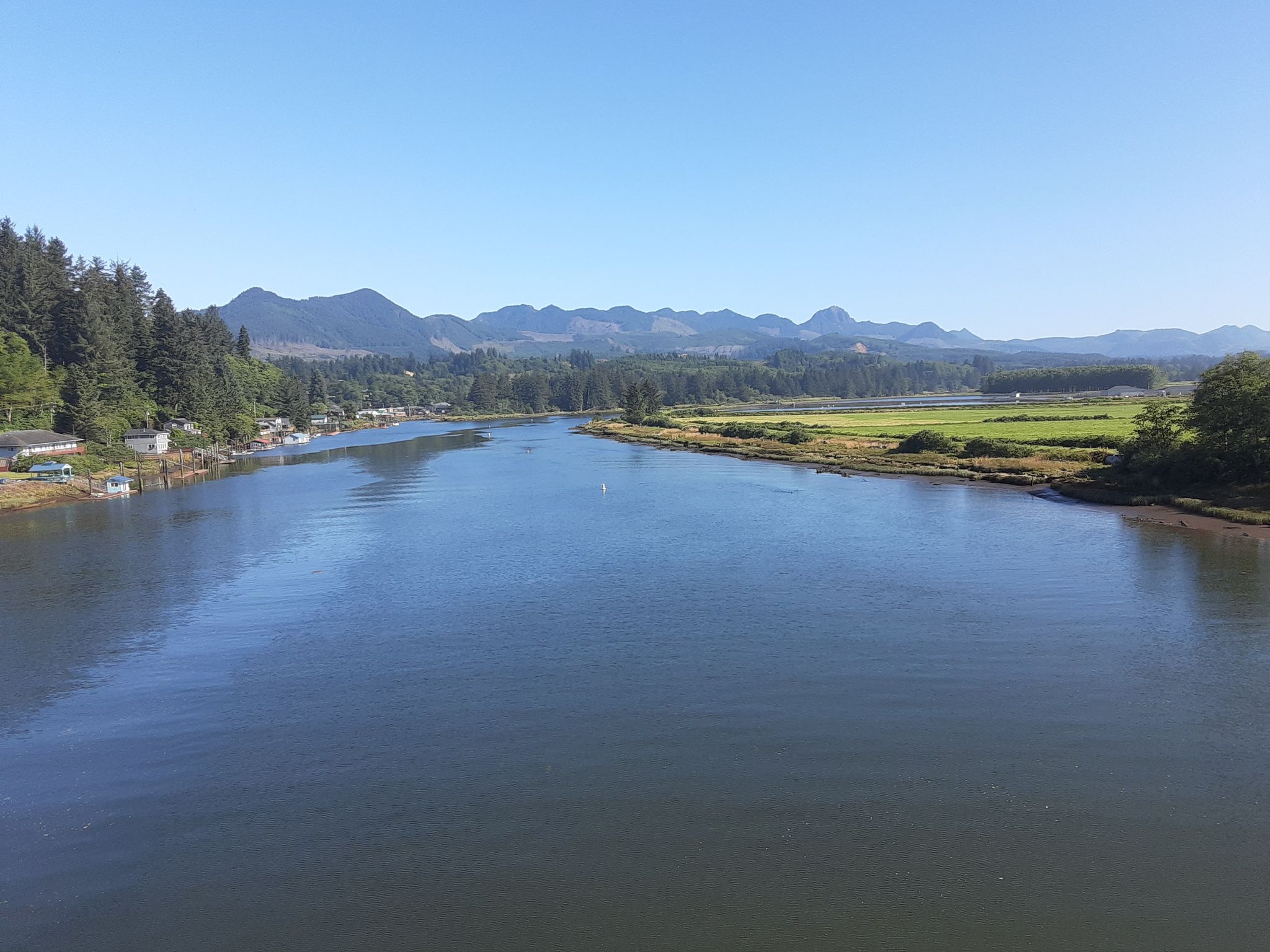 Wide river flowing between forested banks and distant mountains under a clear sky. - Nehalem River loop