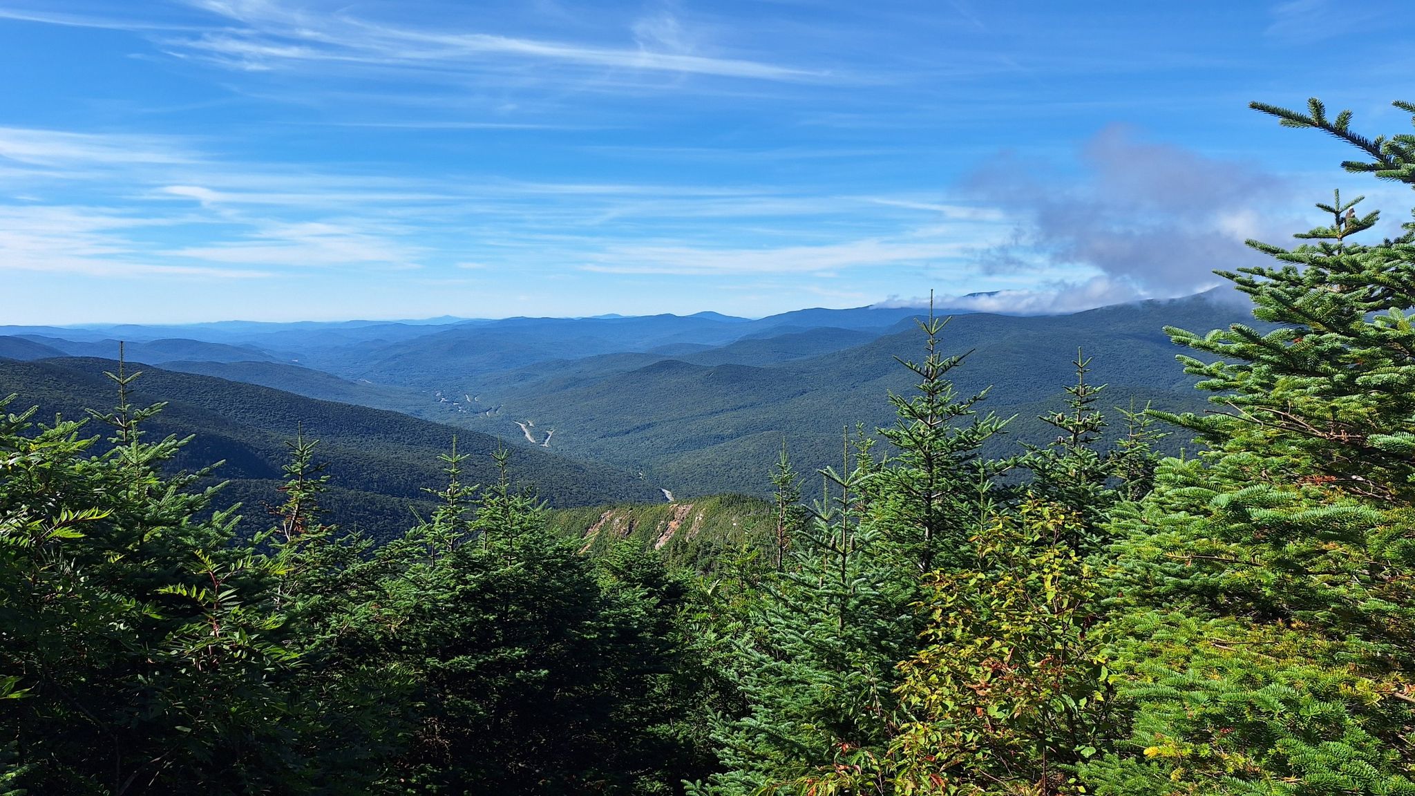 Expansive view of green forested mountains and valleys under a blue sky. - Old Bridle Path