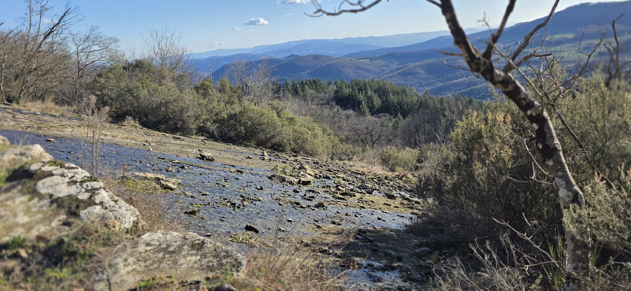 Tratto inclinato di arenaria, a valle, del Sentiero Madonna del Sasso