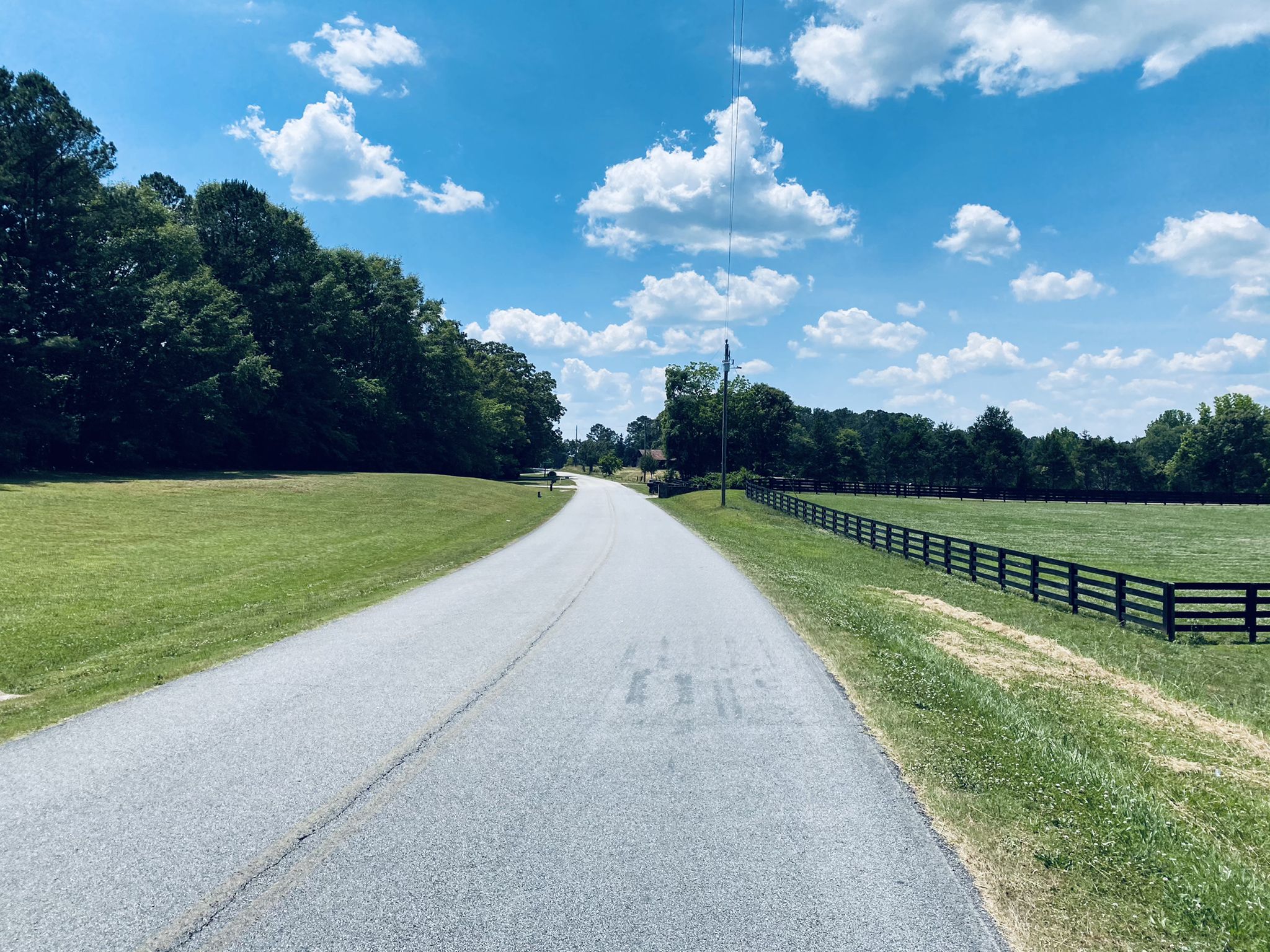 Paved road curves through green fields with a black fence under a sunny sky. - Rico Tatum Road – Upper Wooten Gravel Trail loop from Union City Park & Ride