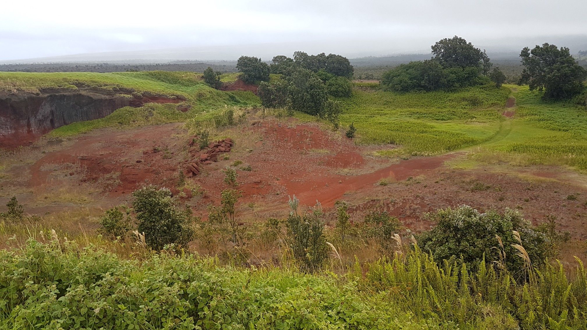 Overcast view of a hilly landscape with red earth and green vegetation. - Pu'u o Lokuana Trail