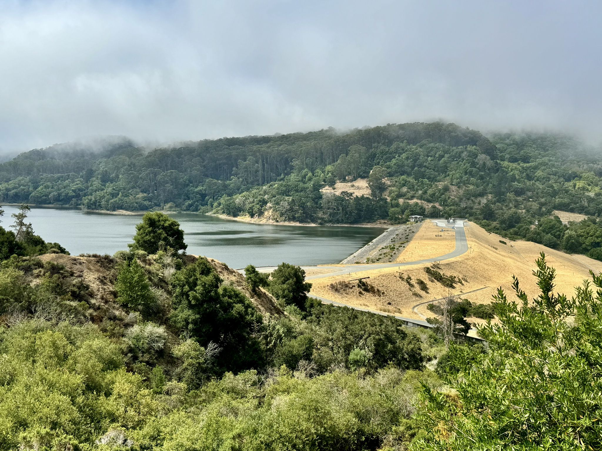 A lake and dam surrounded by green and dry hills under a cloudy sky. - Sea Foam Loop Trail