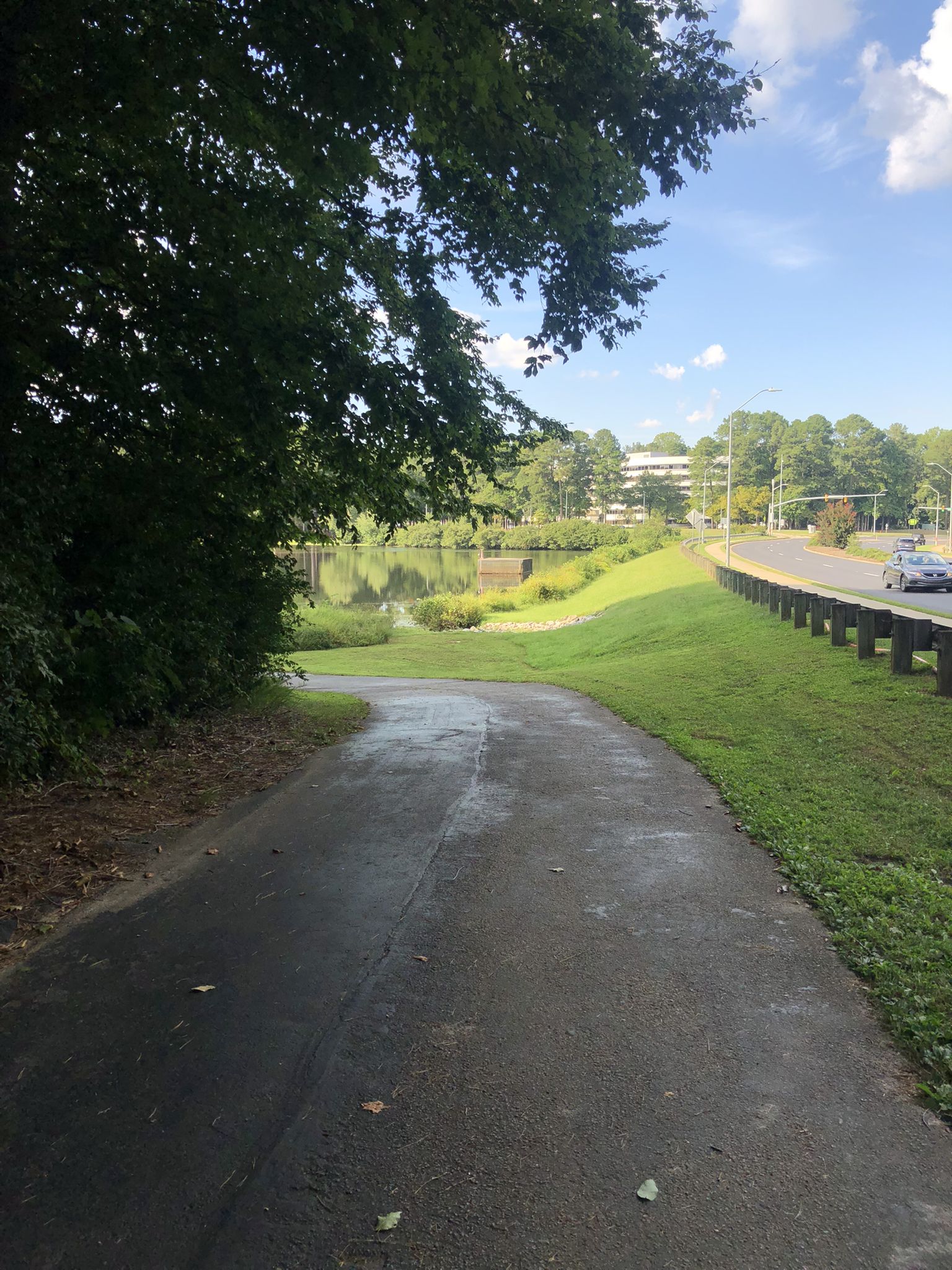 A paved path curves towards a lake, with trees and a road nearby. - Symphony Lake – Harris Lake loop from Kelly Glen Park