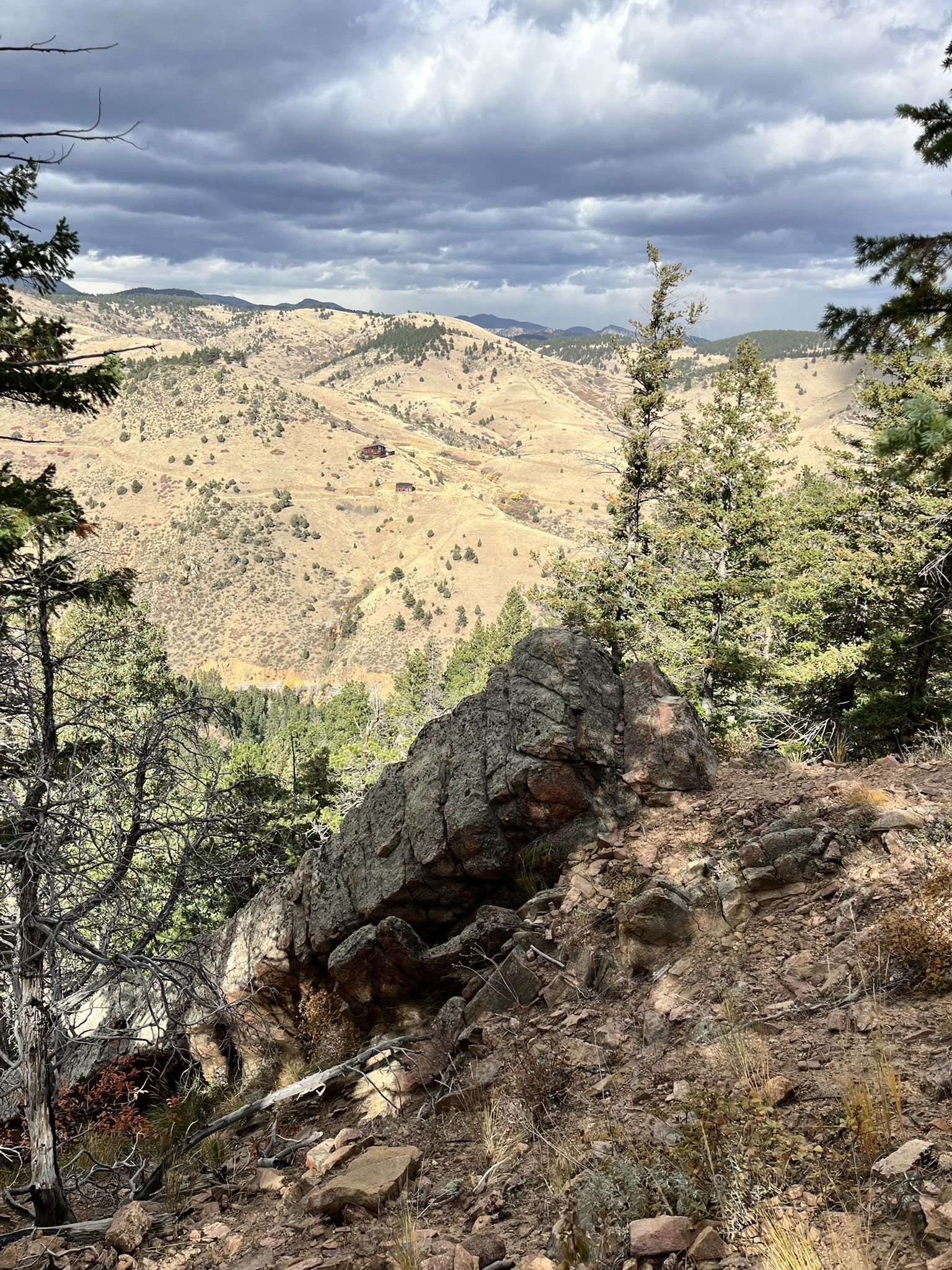 Overcast view of rolling hills and a rocky outcrop with scattered trees. - Cedar Gulch, Mount Galbraith, and Nightbird Trail