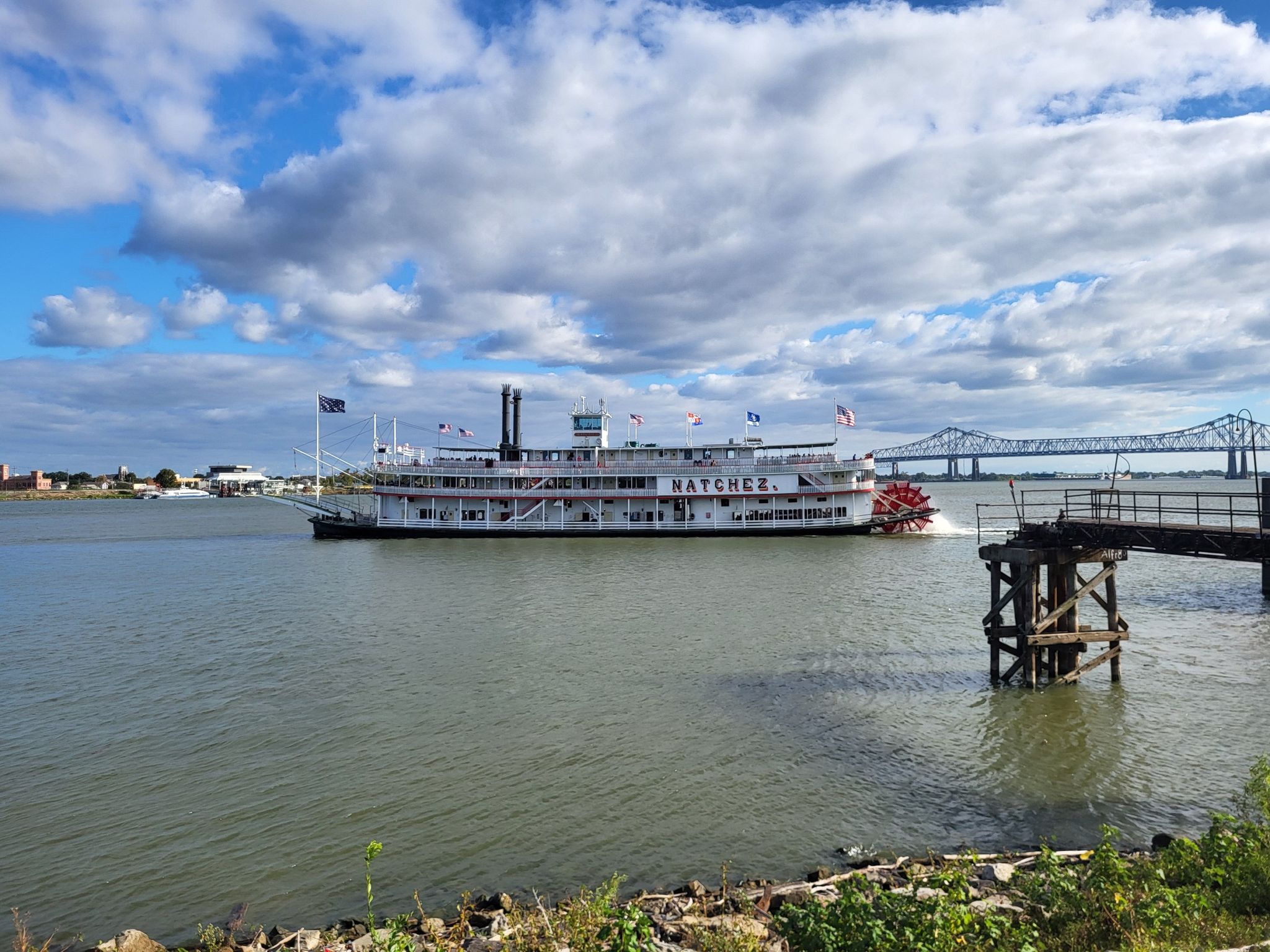 A large white paddlewheel boat cruises on a wide river under a cloudy sky. - Garden District, Lafayette Park & Steamboat Natchez loop
