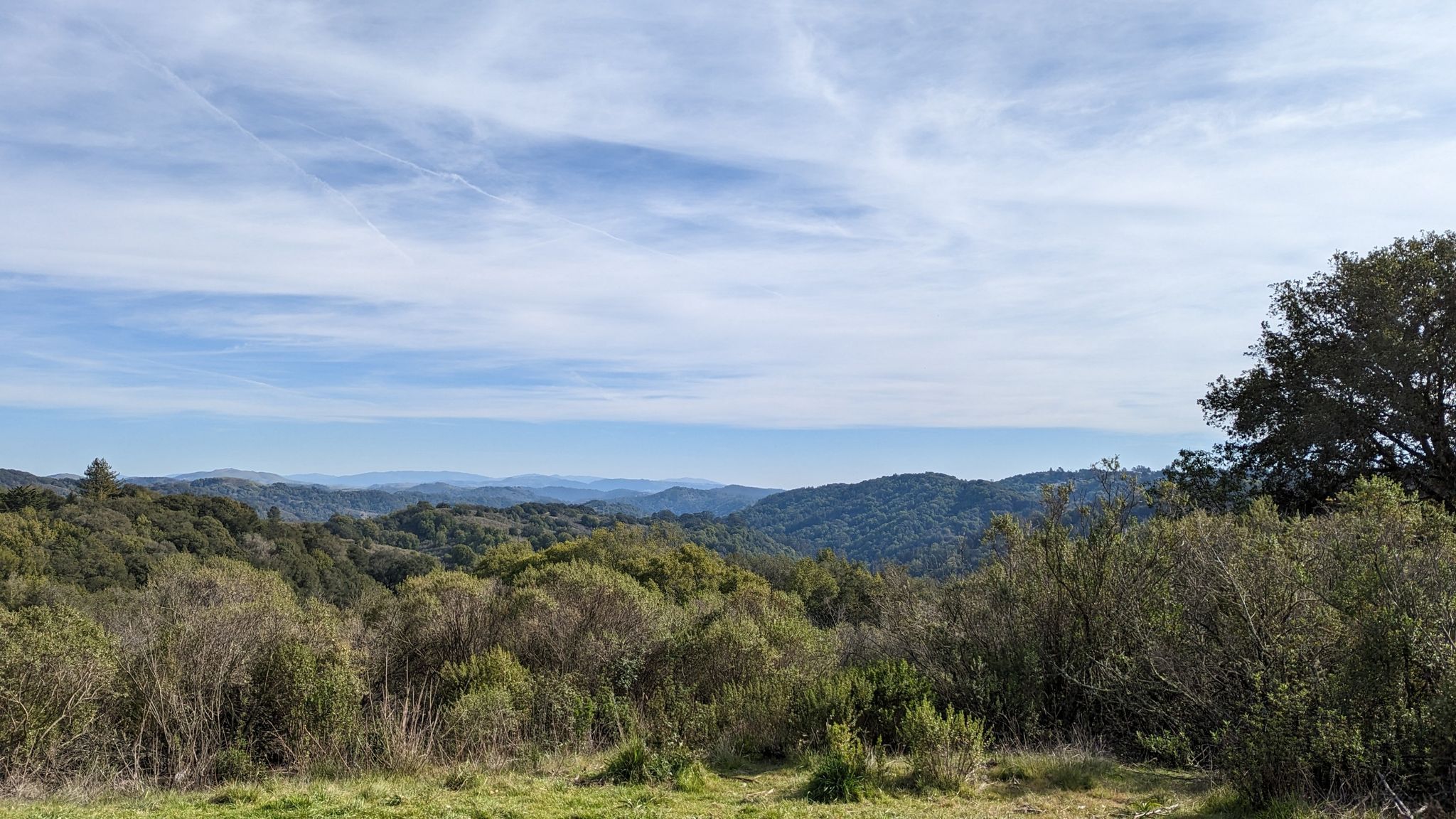 Expansive view of lush green hills and distant mountains under a cloudy sky. - East Ridge, Prince, and Stream Trail Loop
