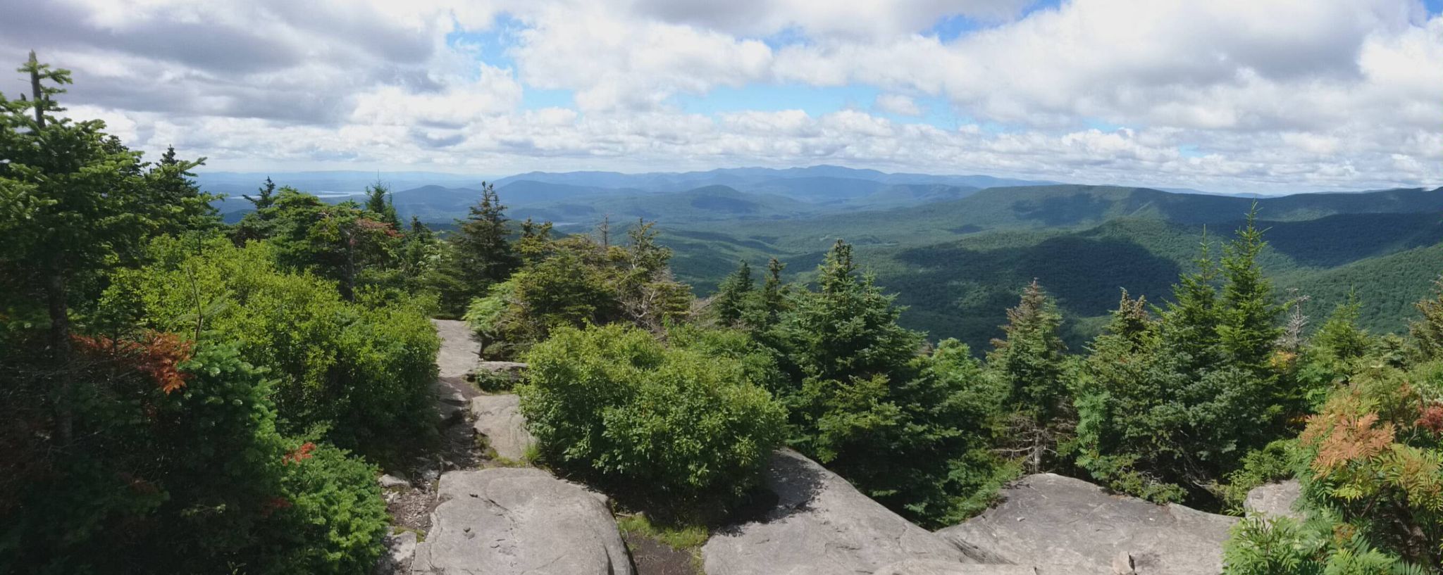 Panoramic mountain view with evergreen trees, rocky foreground, and cloudy sky. - Indian Head, Twin, Sugarloaf, and Plateau via Devil's Path