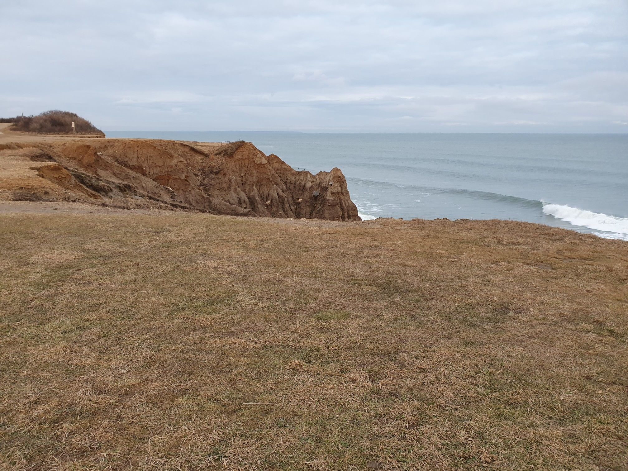 Grassy clifftop overlooking eroding sandy cliffs and the ocean with waves. - Paumanok Path