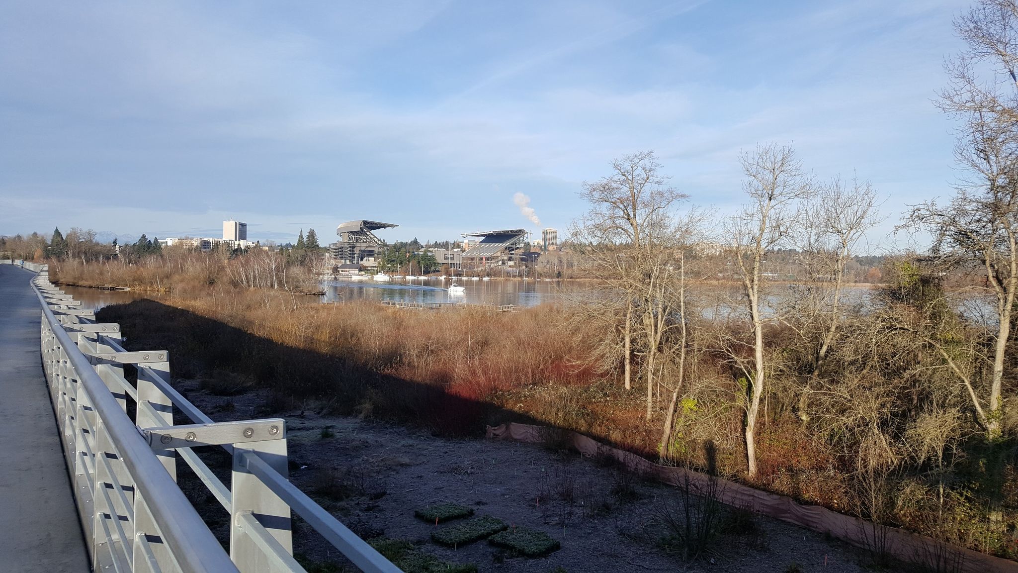 View from a bridge railing over water, with distant buildings and bare trees. - Arboretum Loop Trail