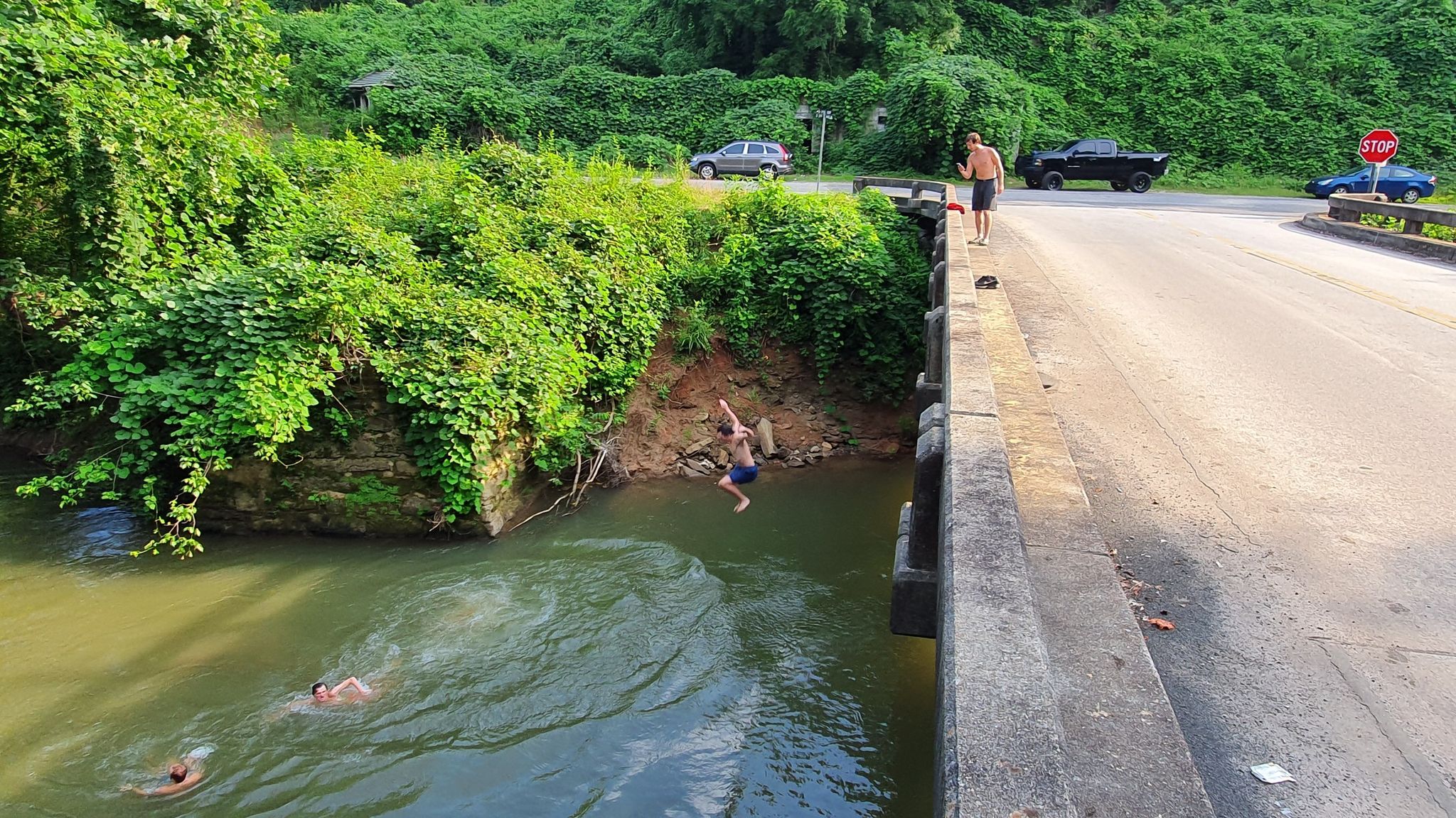 A person jumps from a bridge into a river, others swim below. - South Saluda River – Swamp Rabbit Trail loop from Travelers Rest