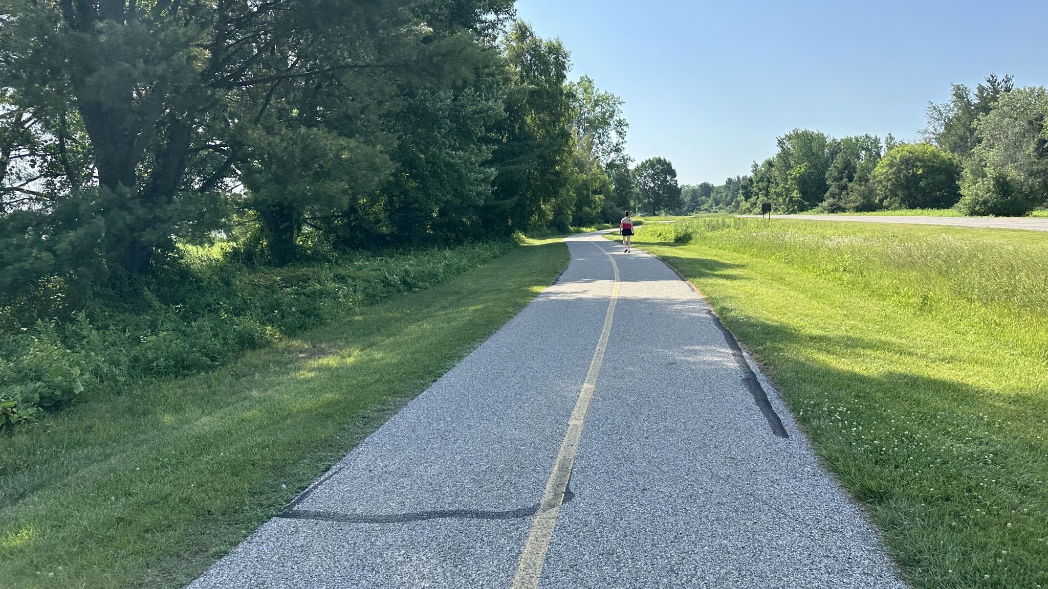 A person cycles on a paved path through green fields on a sunny day. - Rochester Hills to Seven Ponds Nature Center loop