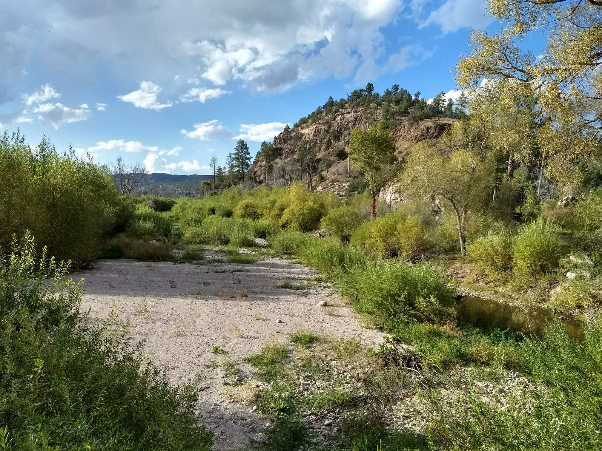 A dry riverbed winds through green bushes towards a rocky hill under a bright sky. - West Fork, Big Bear Canyon, Middle Fork, and Little Bear Loop