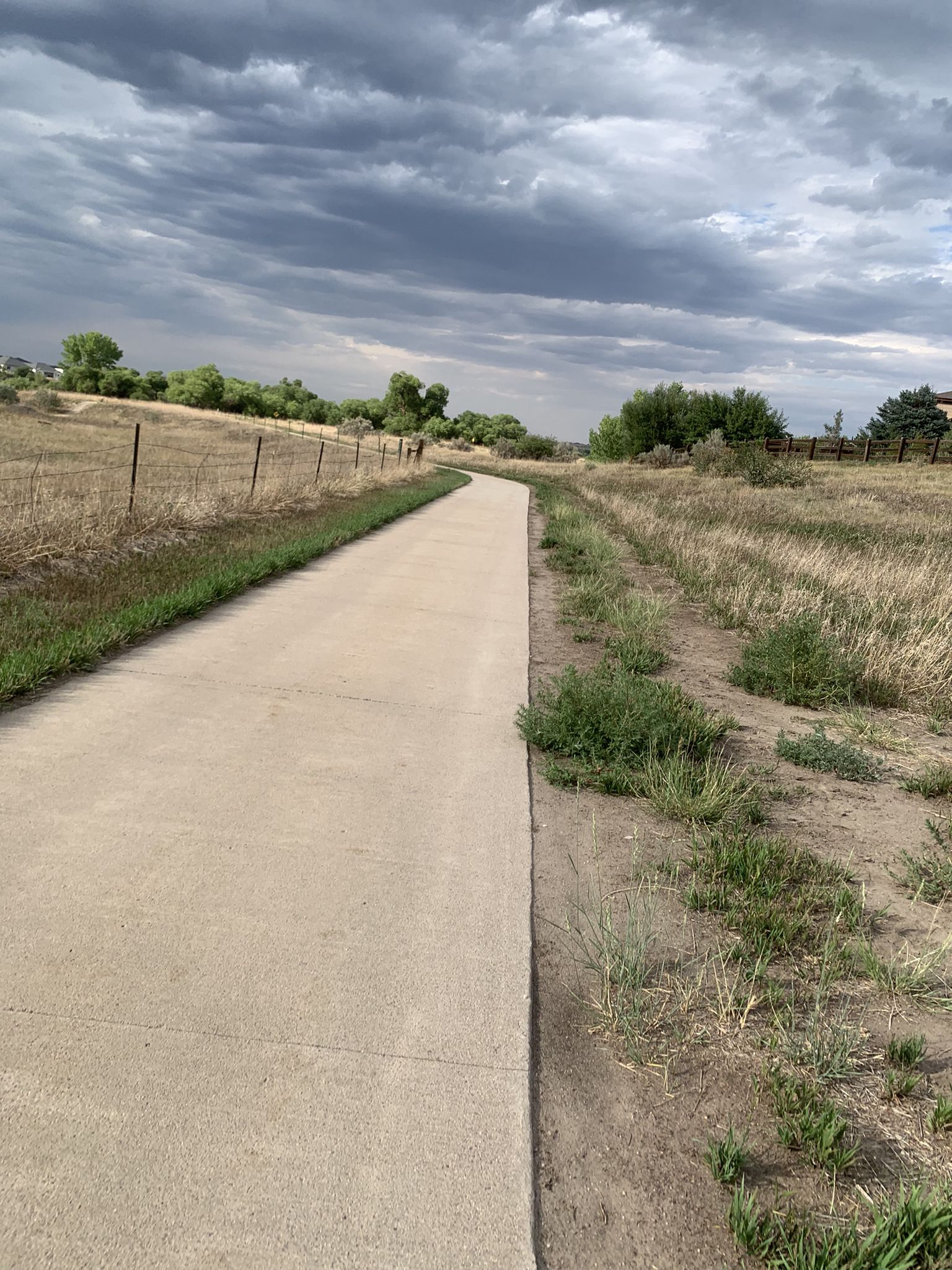 Straight paved path through dry grass under a cloudy, overcast sky. - The Cherry Creek Trail – The Homestead loop from Callan Rose Early Learning Center
