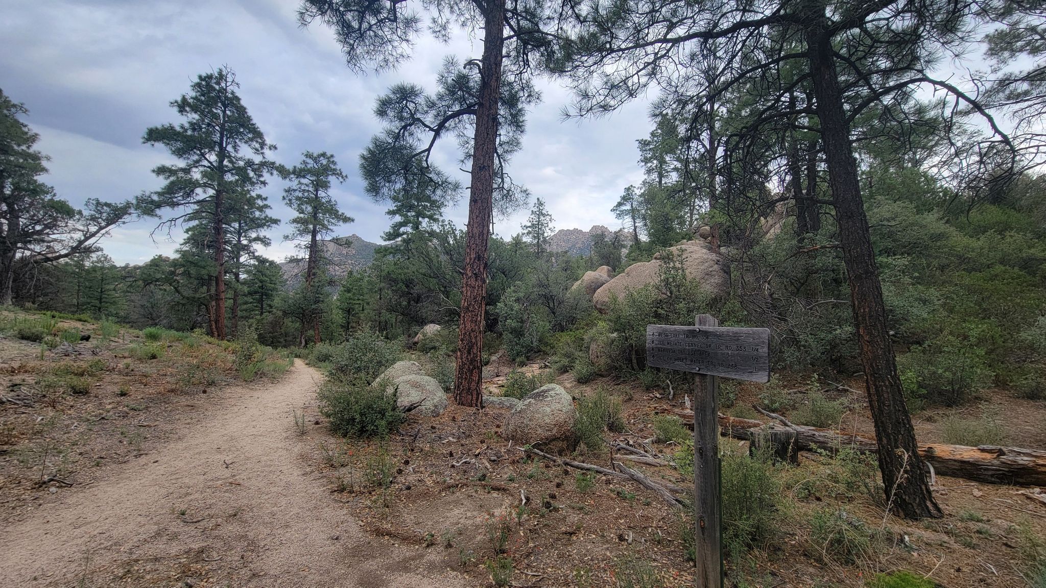 A dirt trail and wooden signpost in a forest with rocky hills. - West Lake Trail #351