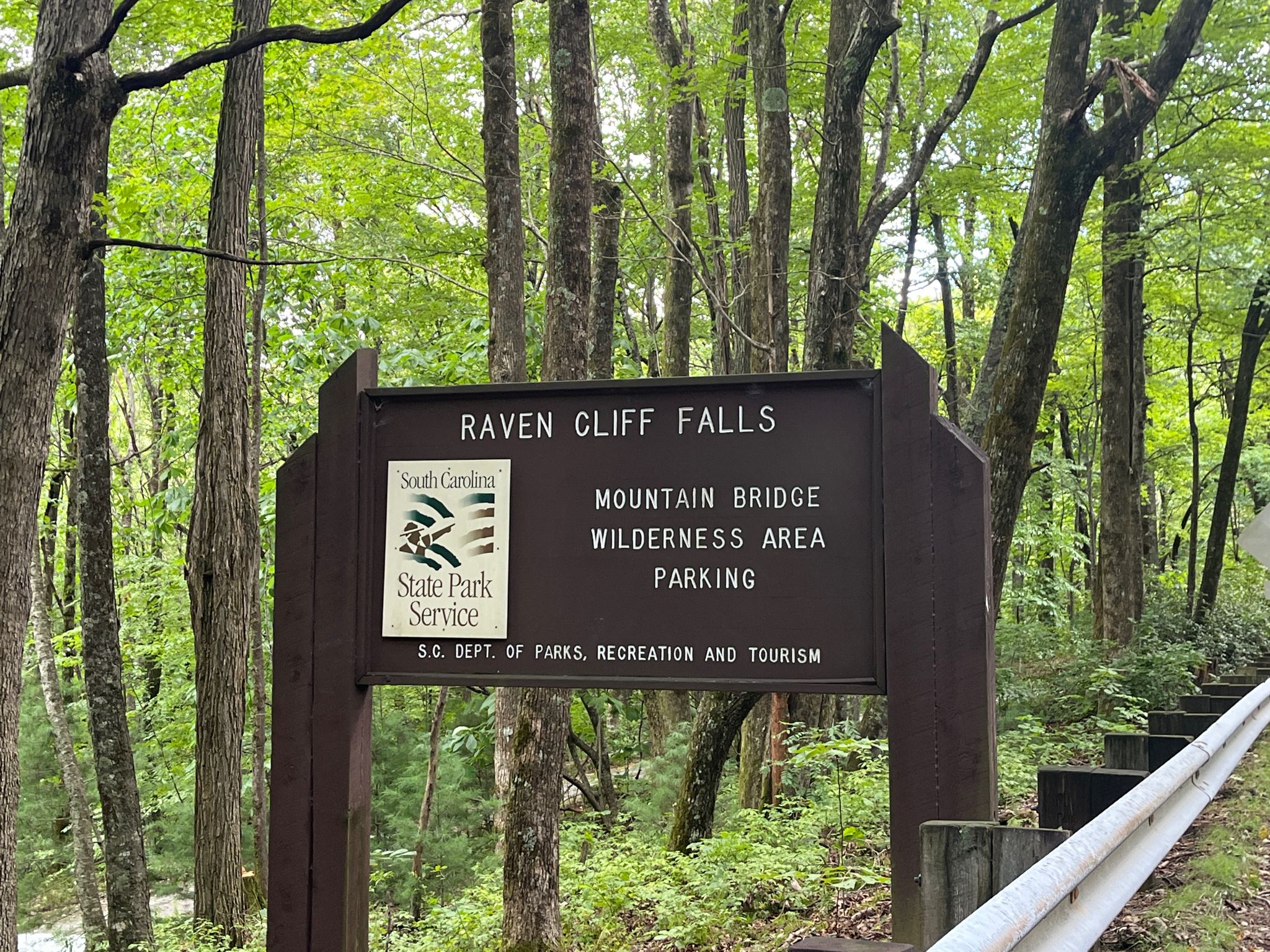 A brown wooden sign with text, surrounded by tall green forest trees. - Jones Gap loop
