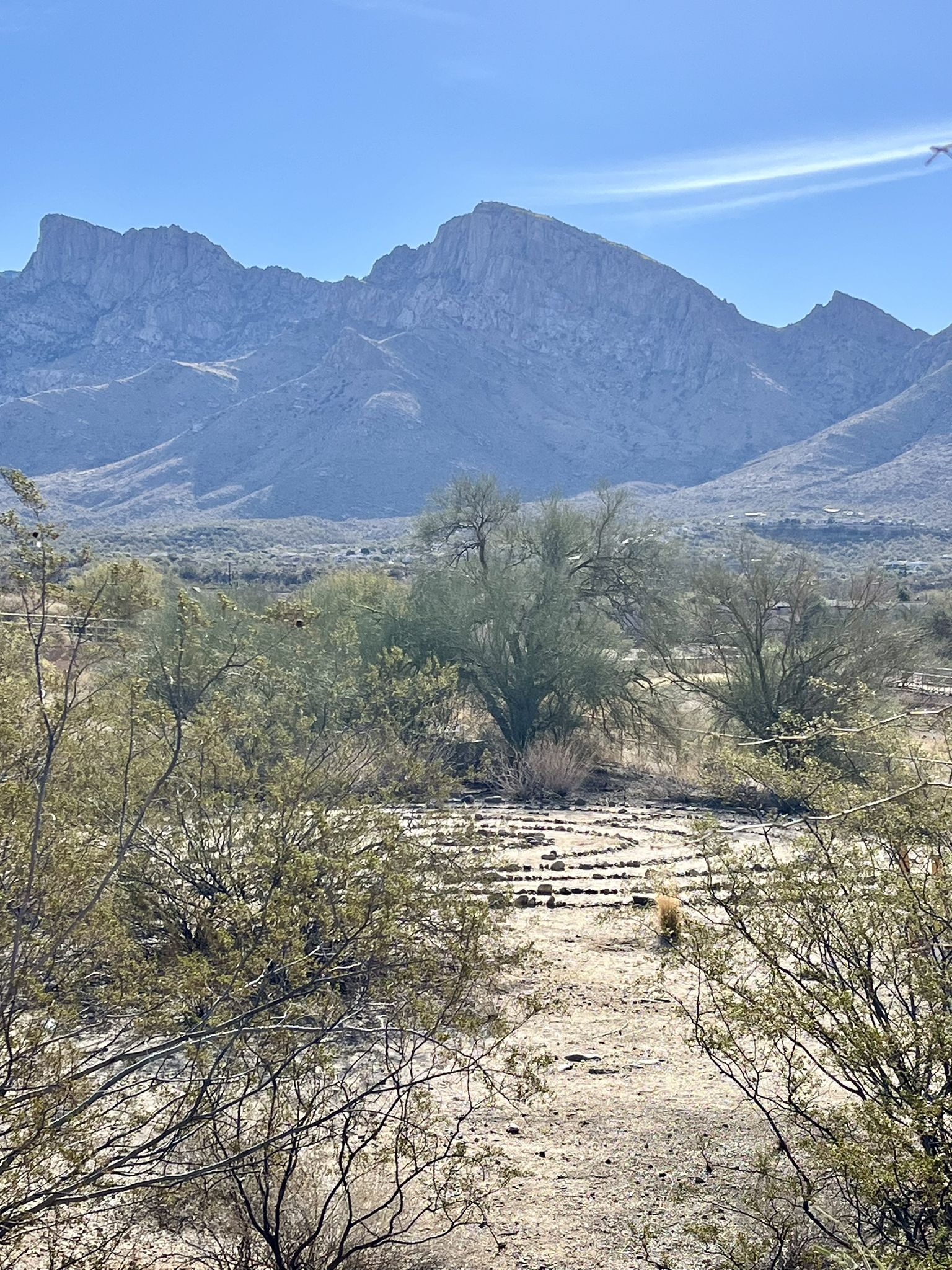 Sunny desert scene with distant mountains and a circular pattern on the ground. - Linda Vista Trailhead – Cañada del Oro River Trail loop from Canyon del Oro High School