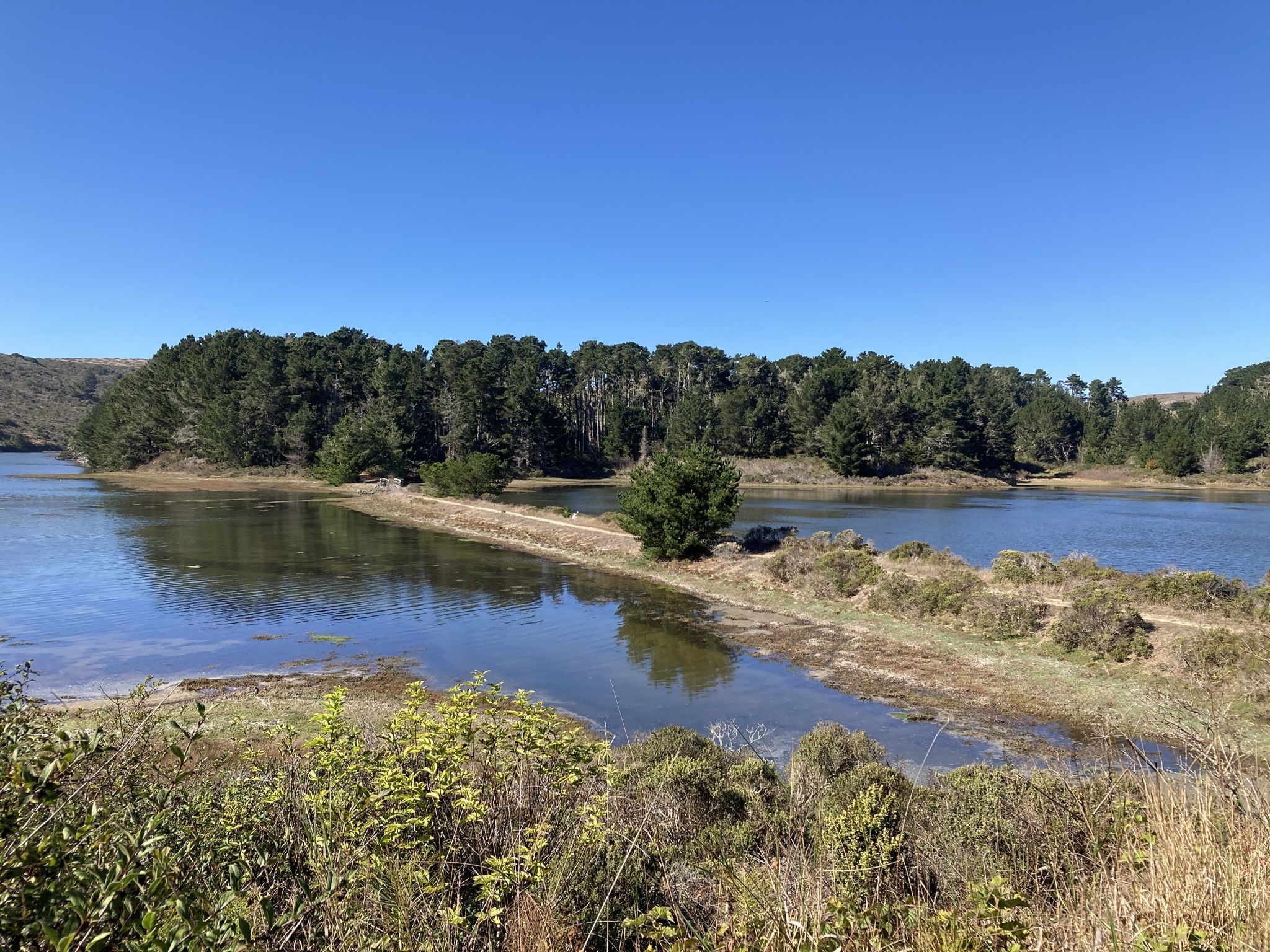 Sunny view of a calm river with a narrow land bridge and distant trees. - Estero Trail to Sunset Beach Trail
