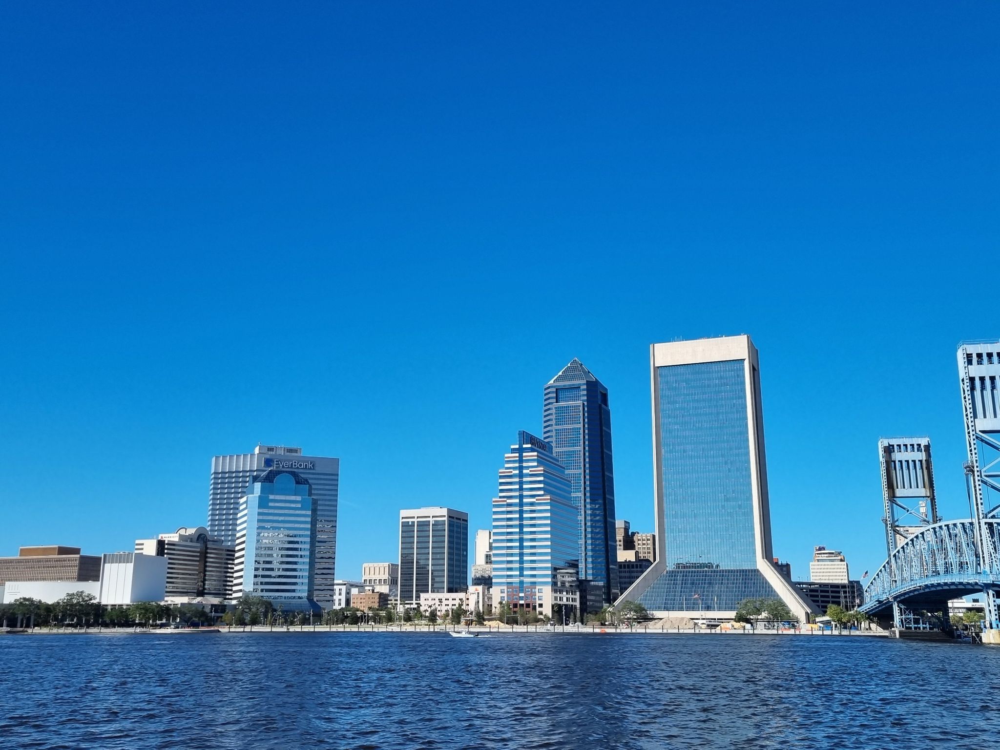 Bright city skyline with tall buildings and a bridge over a wide river. - Southbank Riverwalk Loop